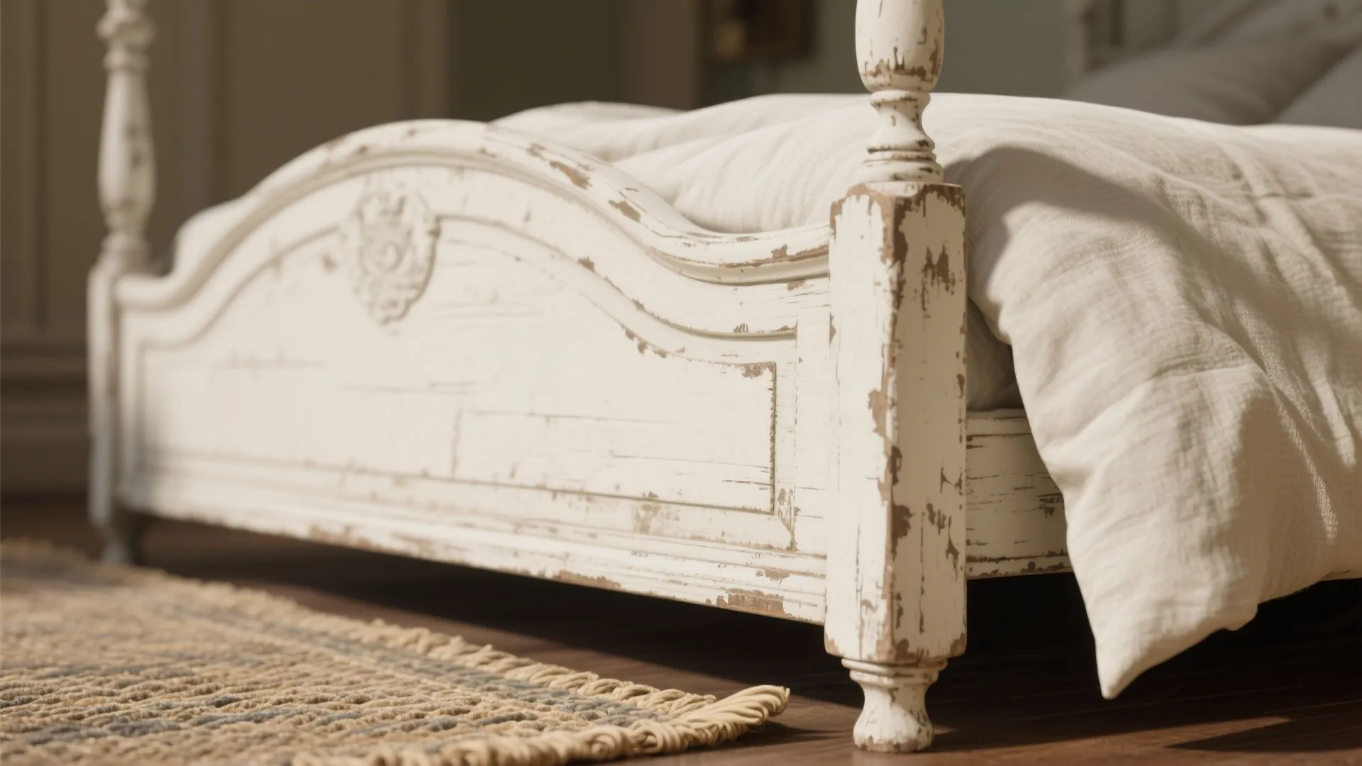Vintage white wood bed frame with distressed paint finish near a woven rug on floor