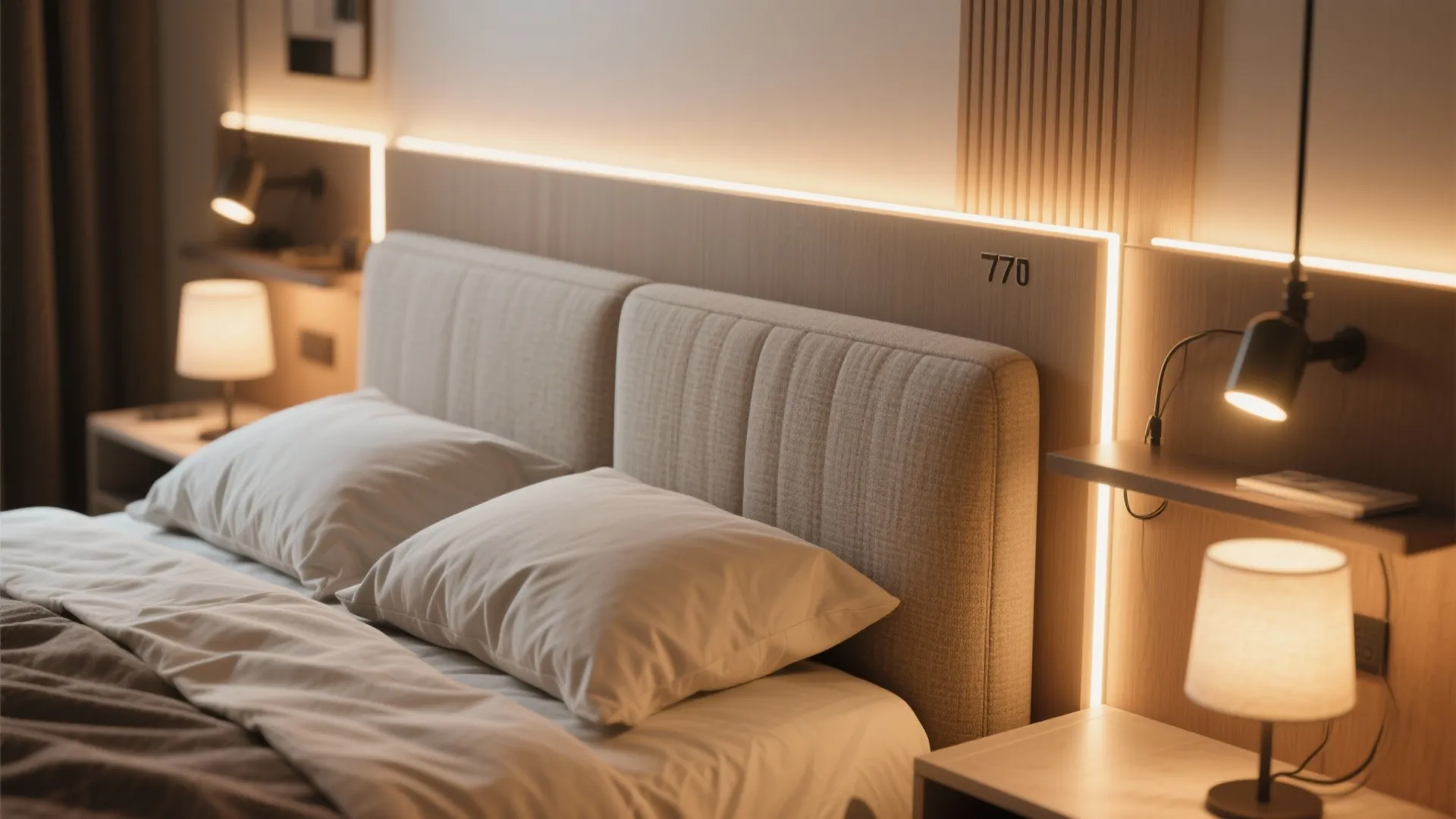 Comfortable bed with beige headboard featuring integrated warm led wall lights and small bedside lamps