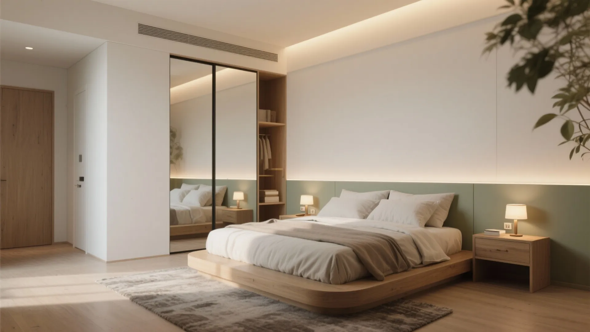 Minimalist bedroom with wooden bed frame bedside table small table lamps and large mirror closet