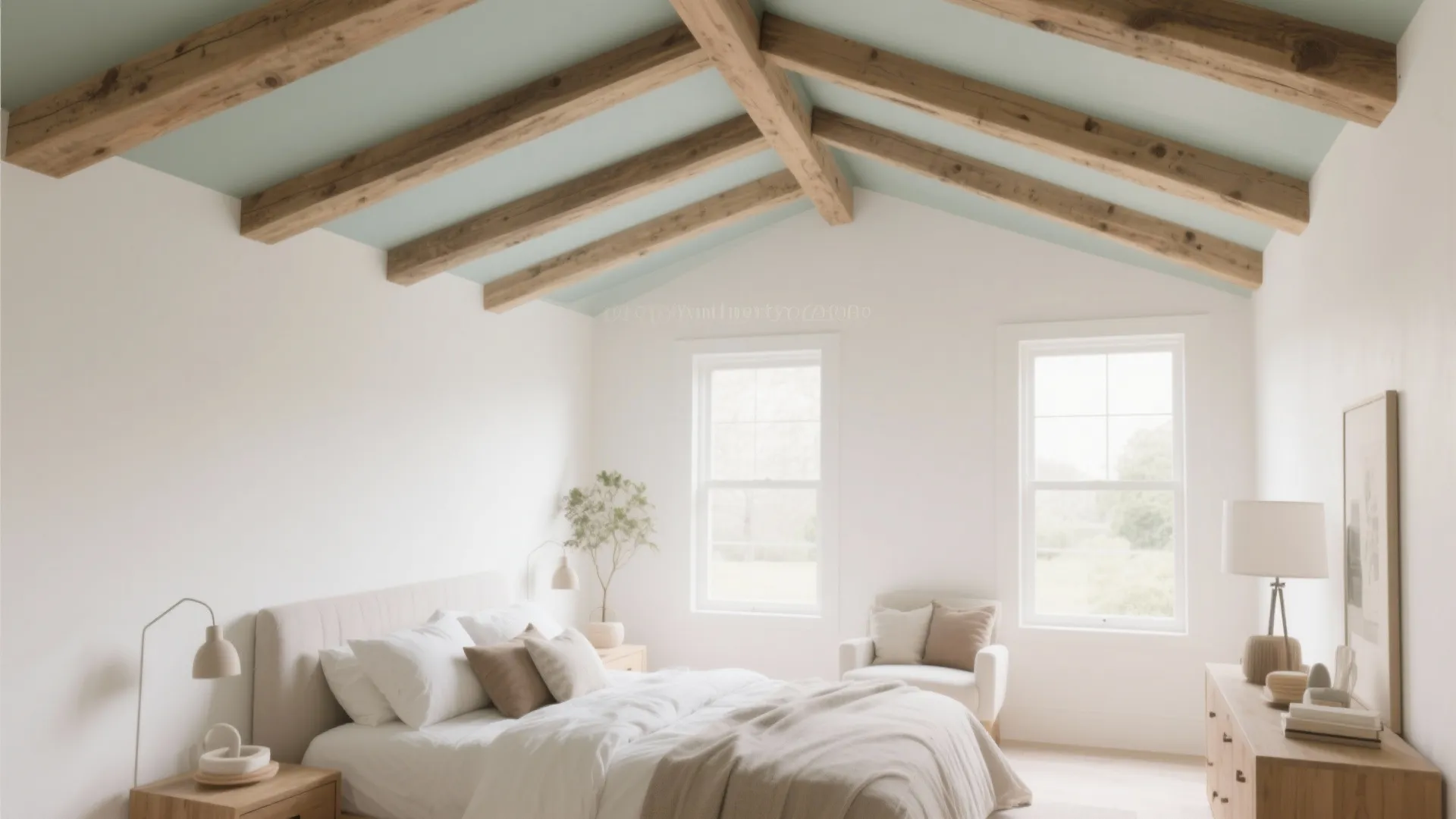 Bedroom with accent ceiling and wood beams