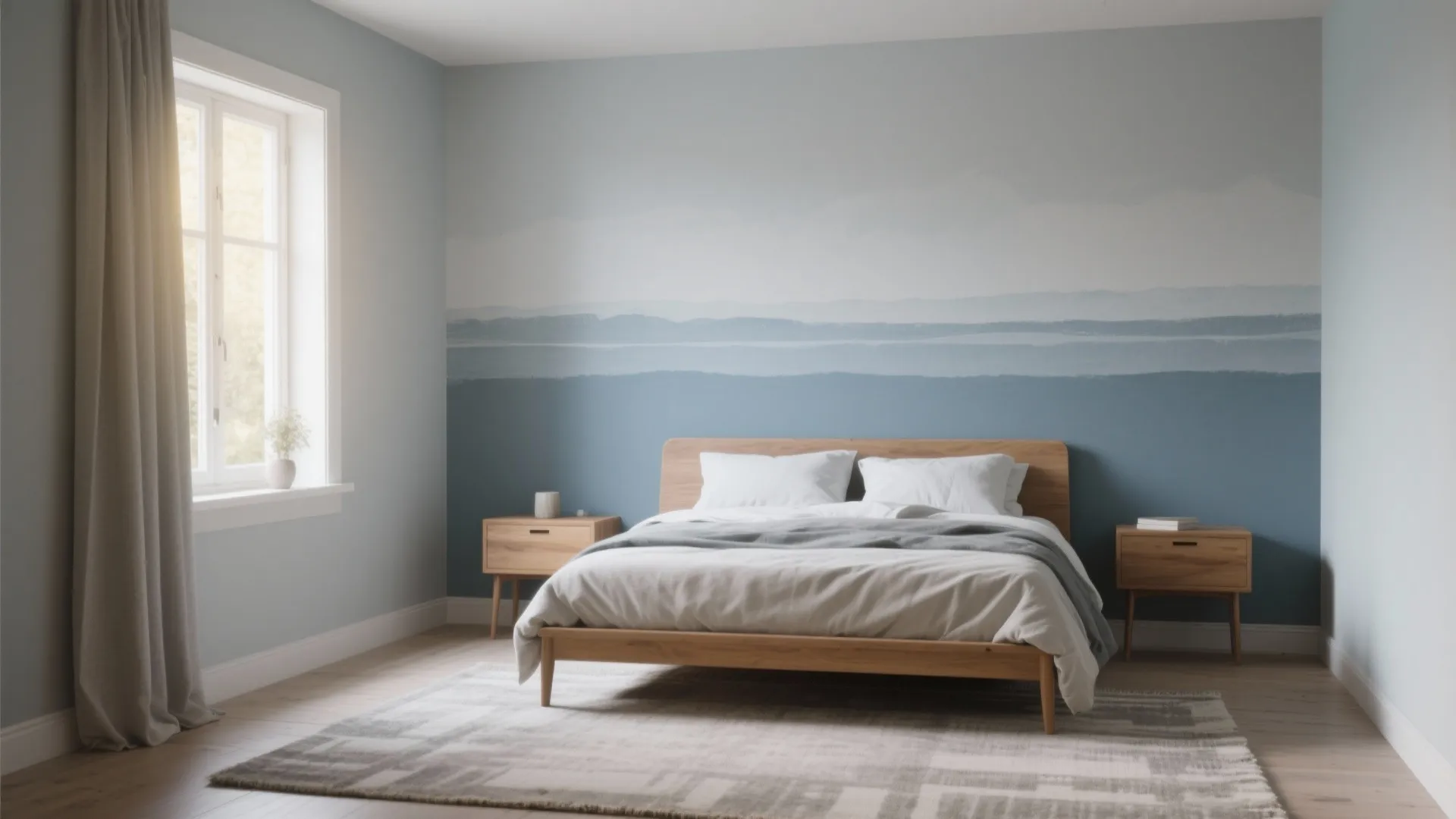 Minimalist bedroom featuring blue mountain mural wall with wooden bed and matching side table furniture