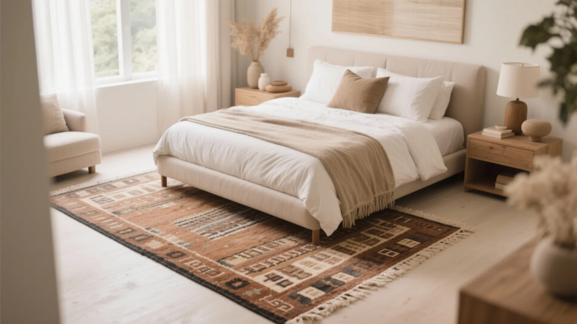 Bright bedroom with patterned brown rug under a cream bed beside a large sunny window