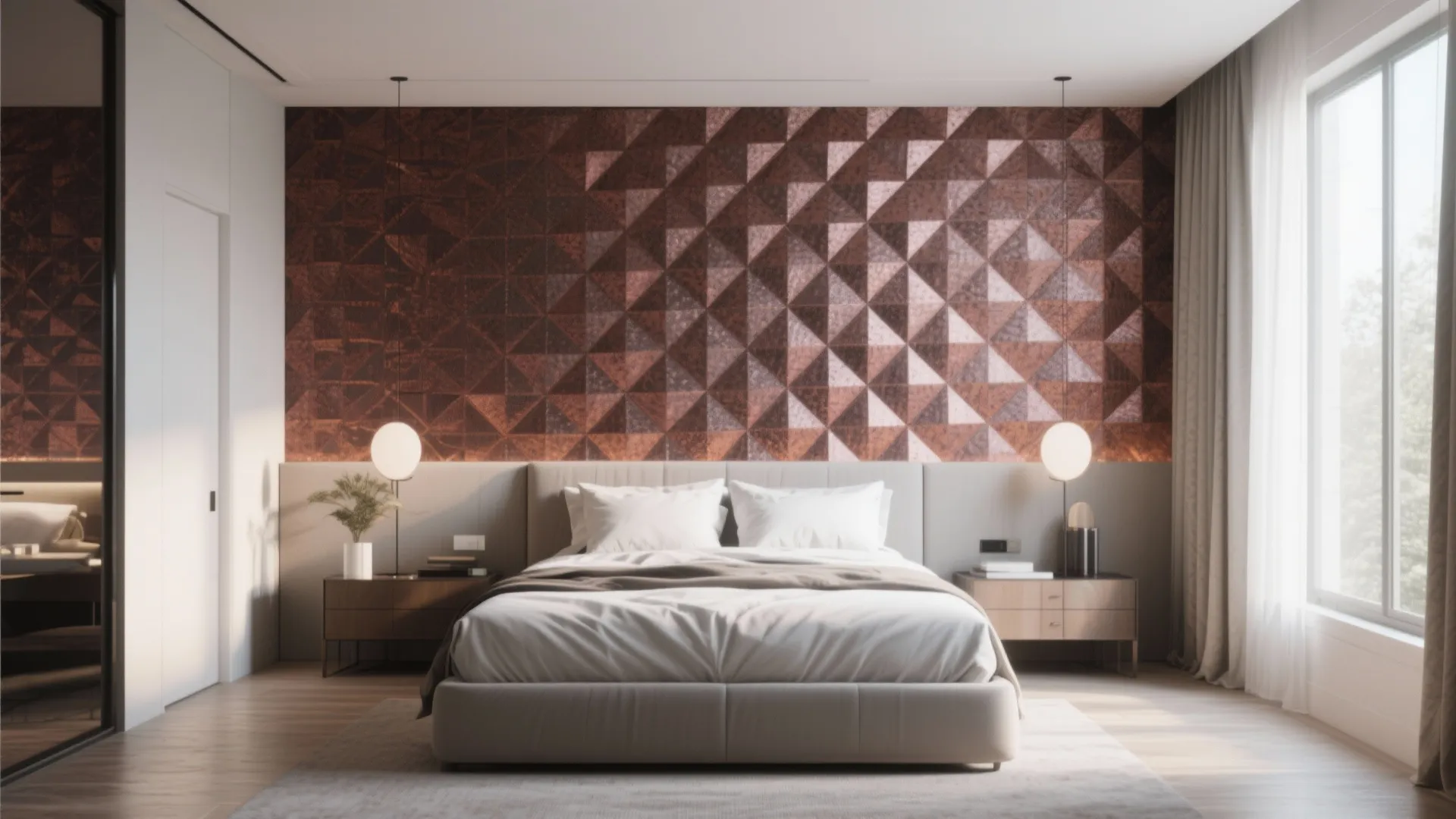 Modern bedroom with brown geometric wall panel behind bed with two round bedside light fixtures