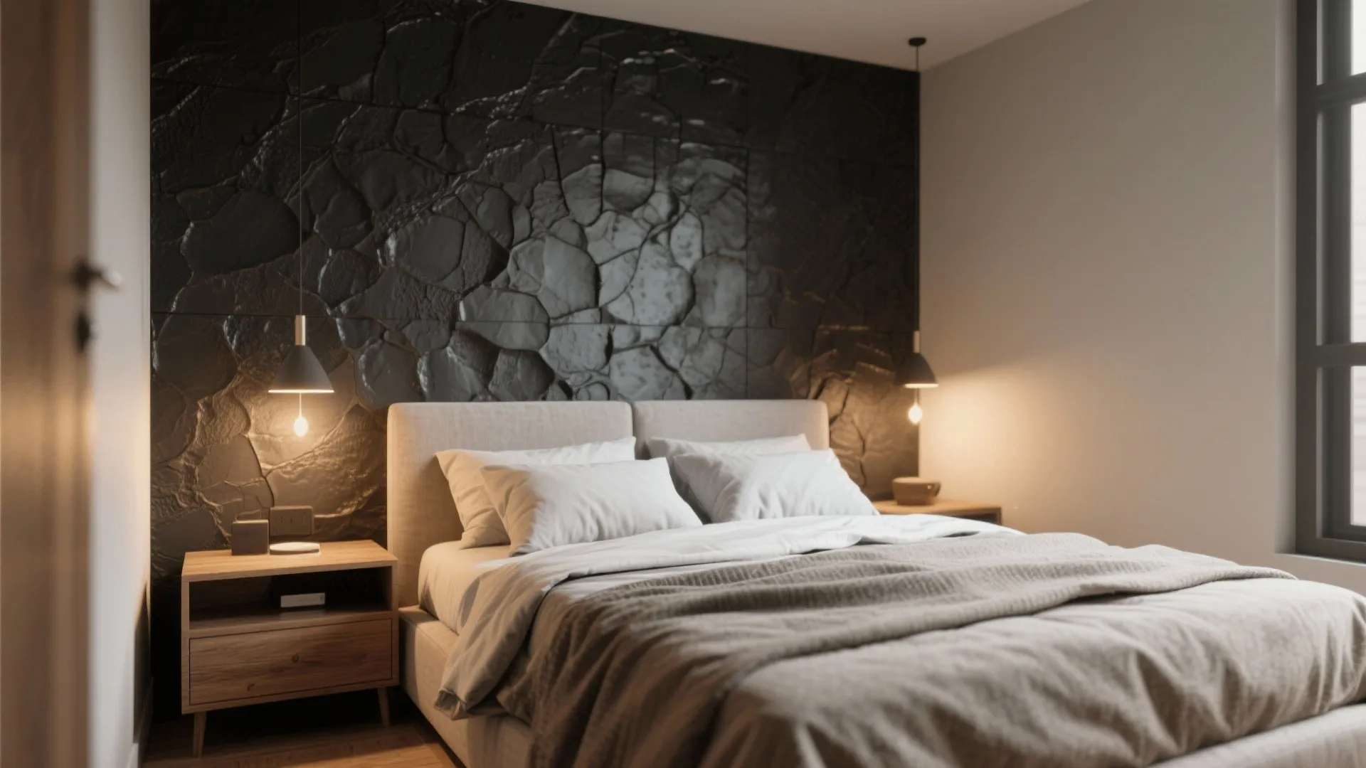 Small bedroom with dark textured accent wall behind bed