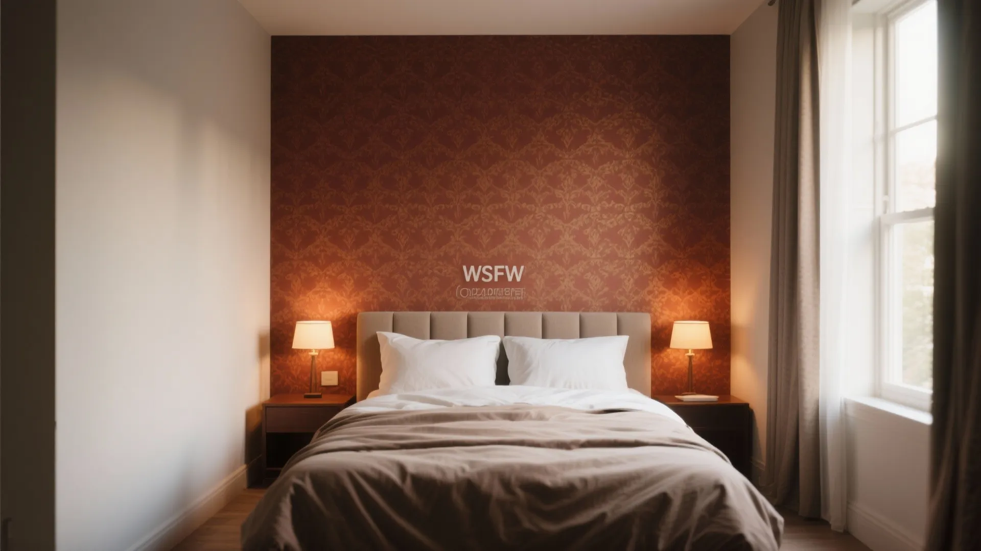 Bedroom with red patterned accent wall behind bed with white pillows and two table lamps