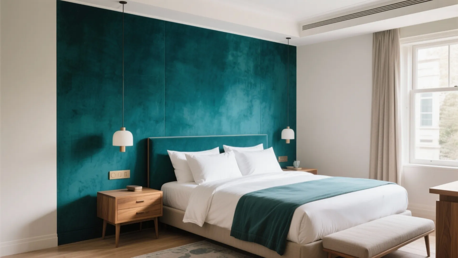 Modern bedroom featuring a dark green wall panel white bedding wooden nightstands and hanging lights