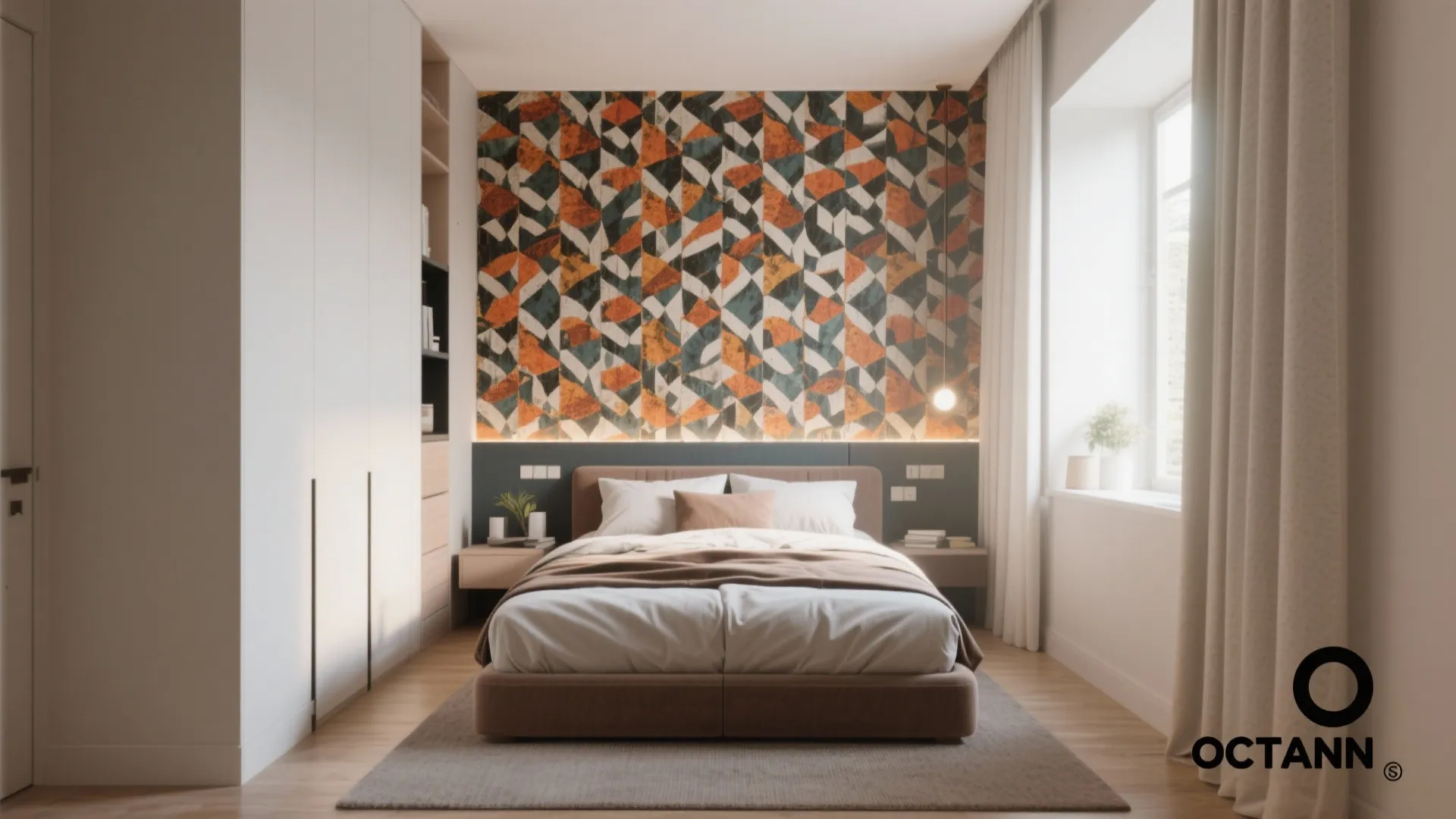 Small bedroom featuring a bold accent wall behind bed.