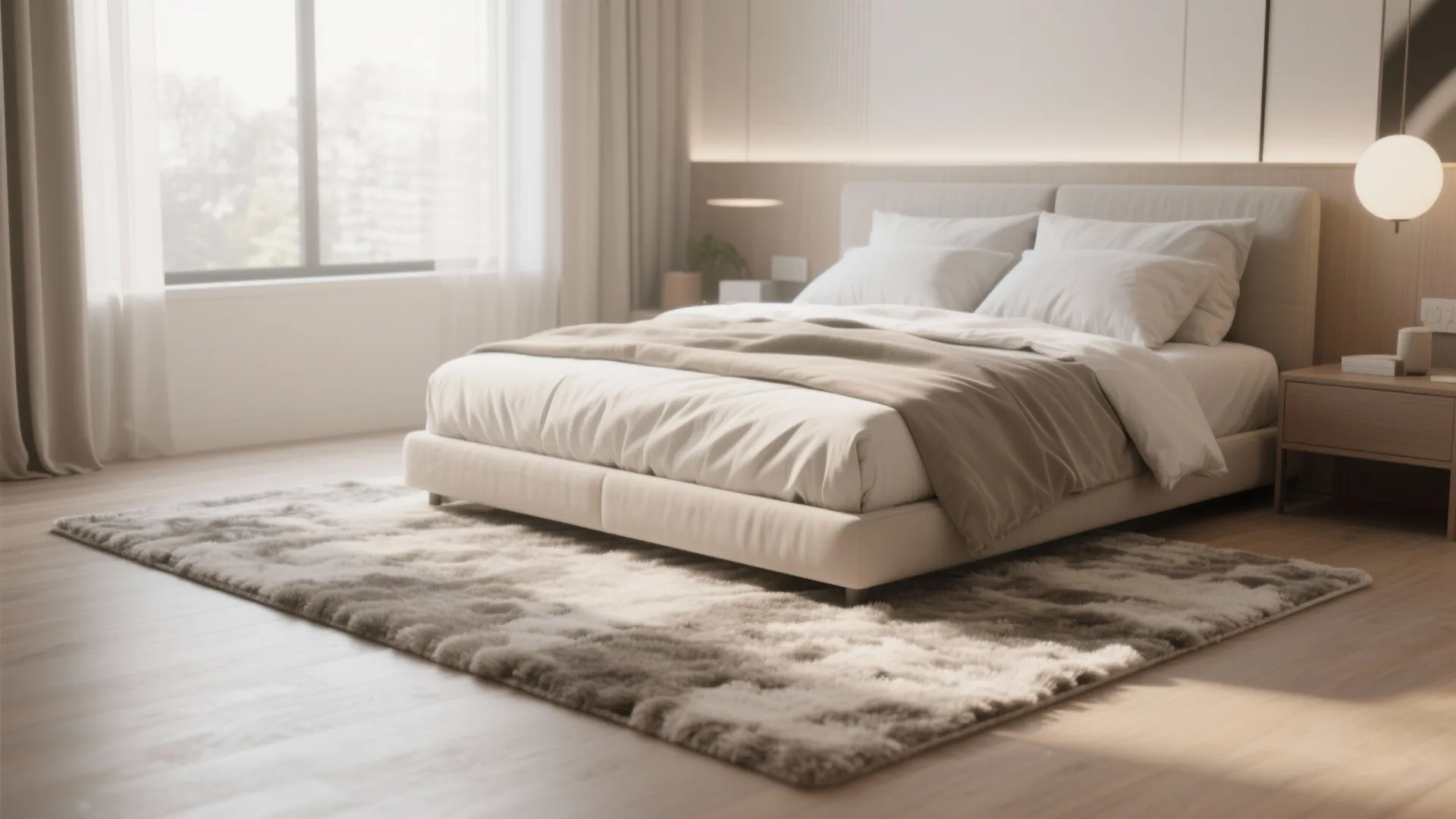 Modern cozy bedroom with white bed, fluffy area rug, wooden side tables, and natural light