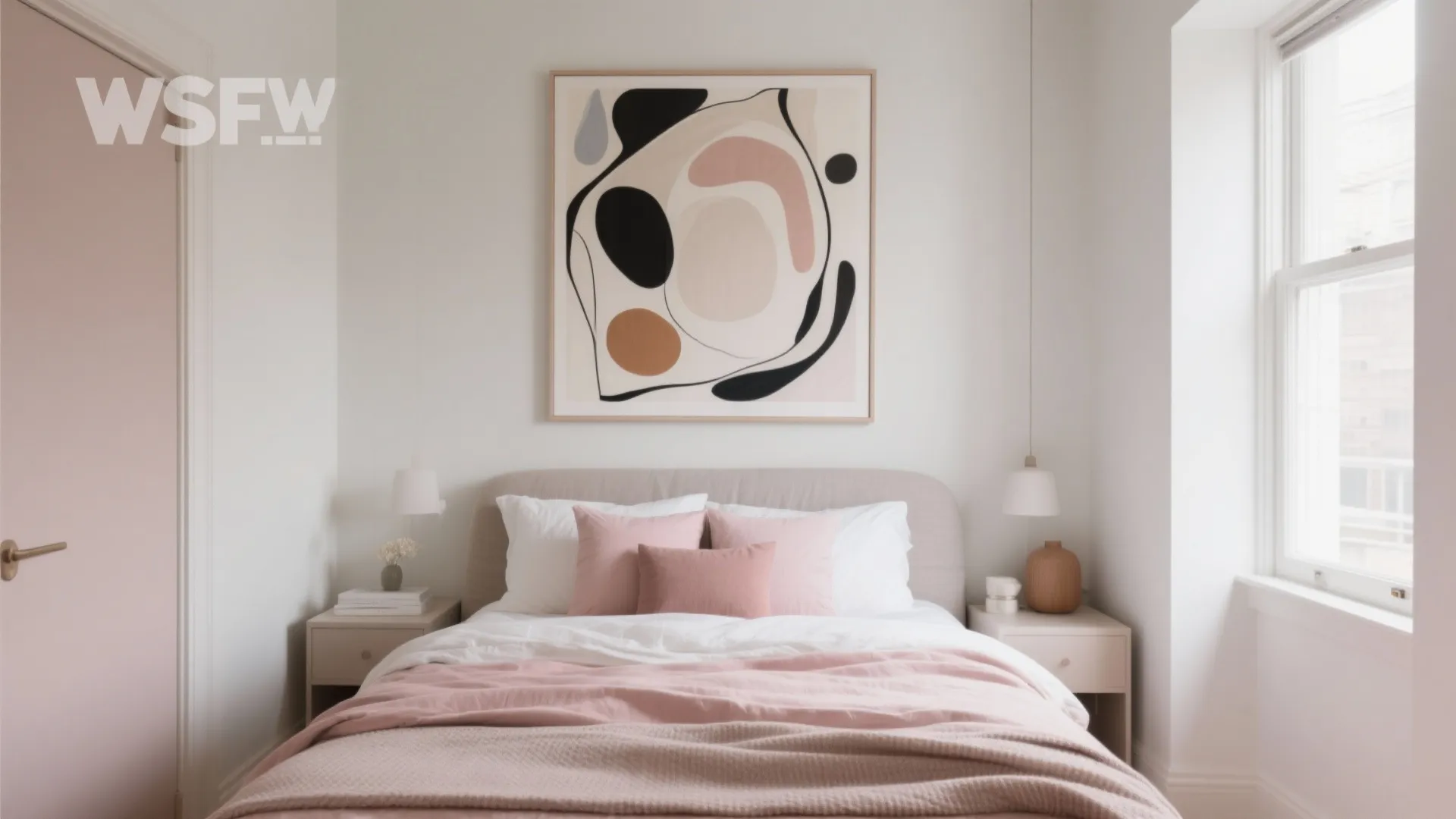 Bedroom with large abstract artwork above the bed