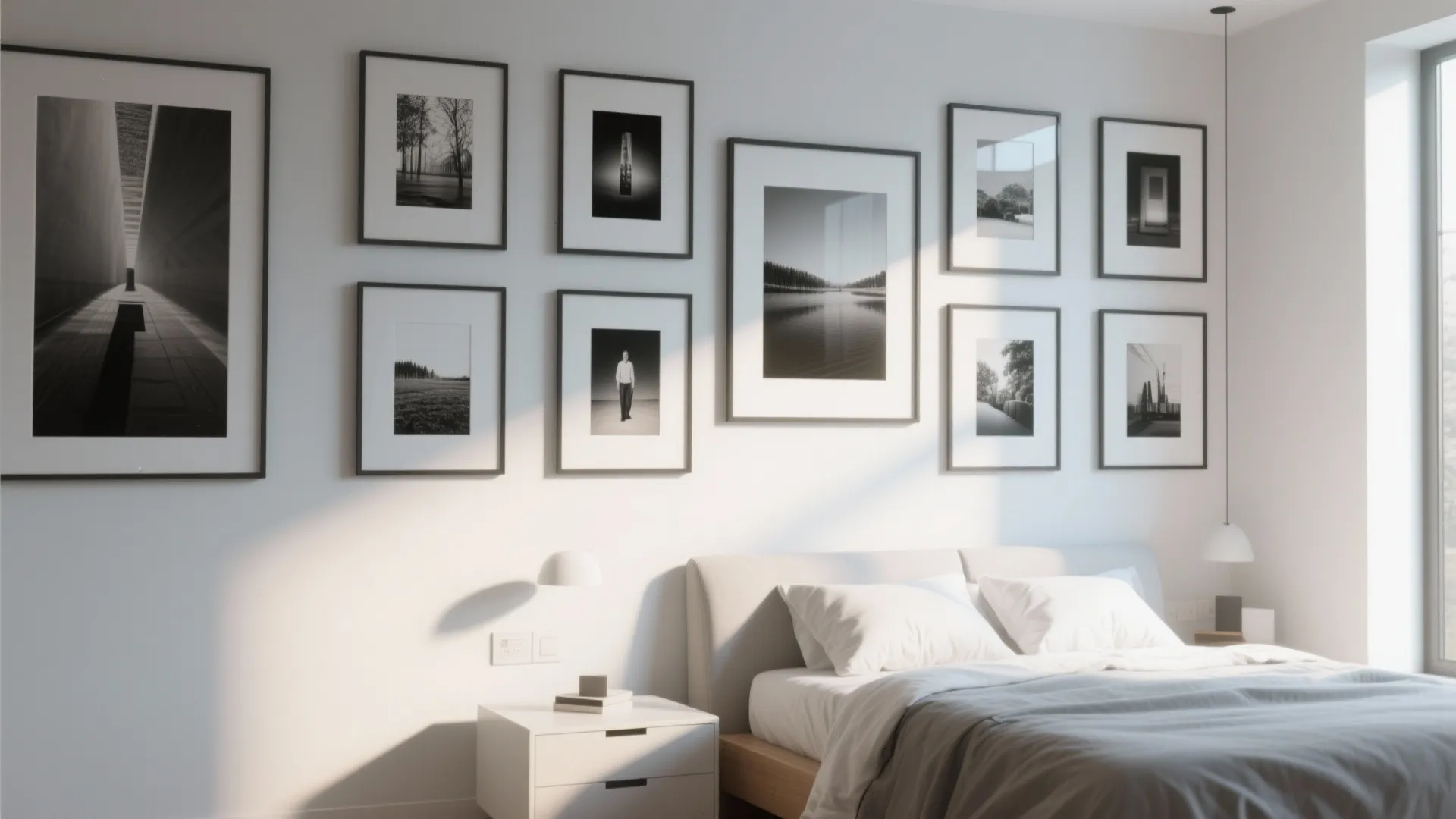 Bedroom wall with many black and white framed pictures above bed and small bedside table