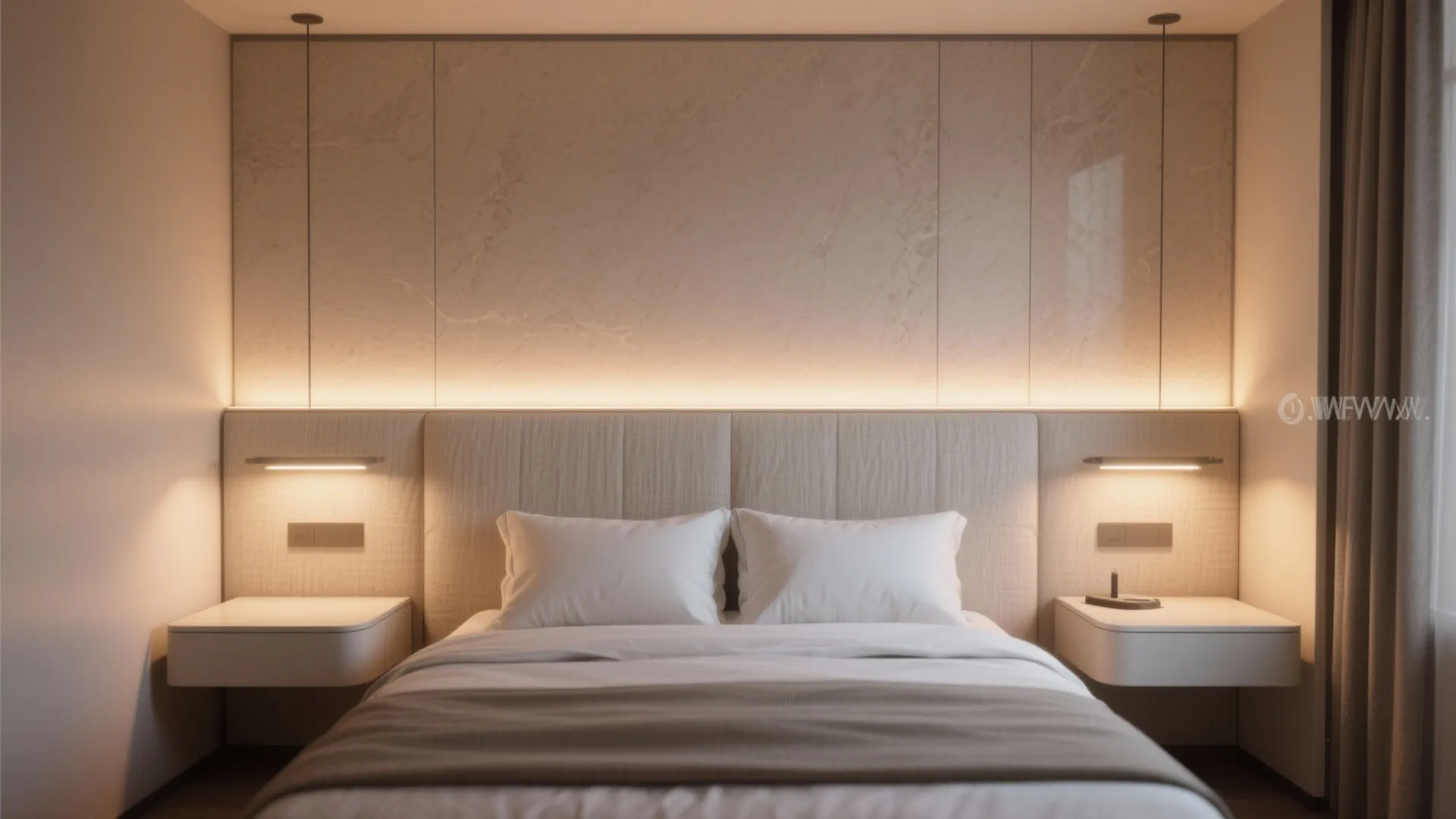 Modern bedroom with marble wall panel hidden warm lighting white bed linen and two bedside tables