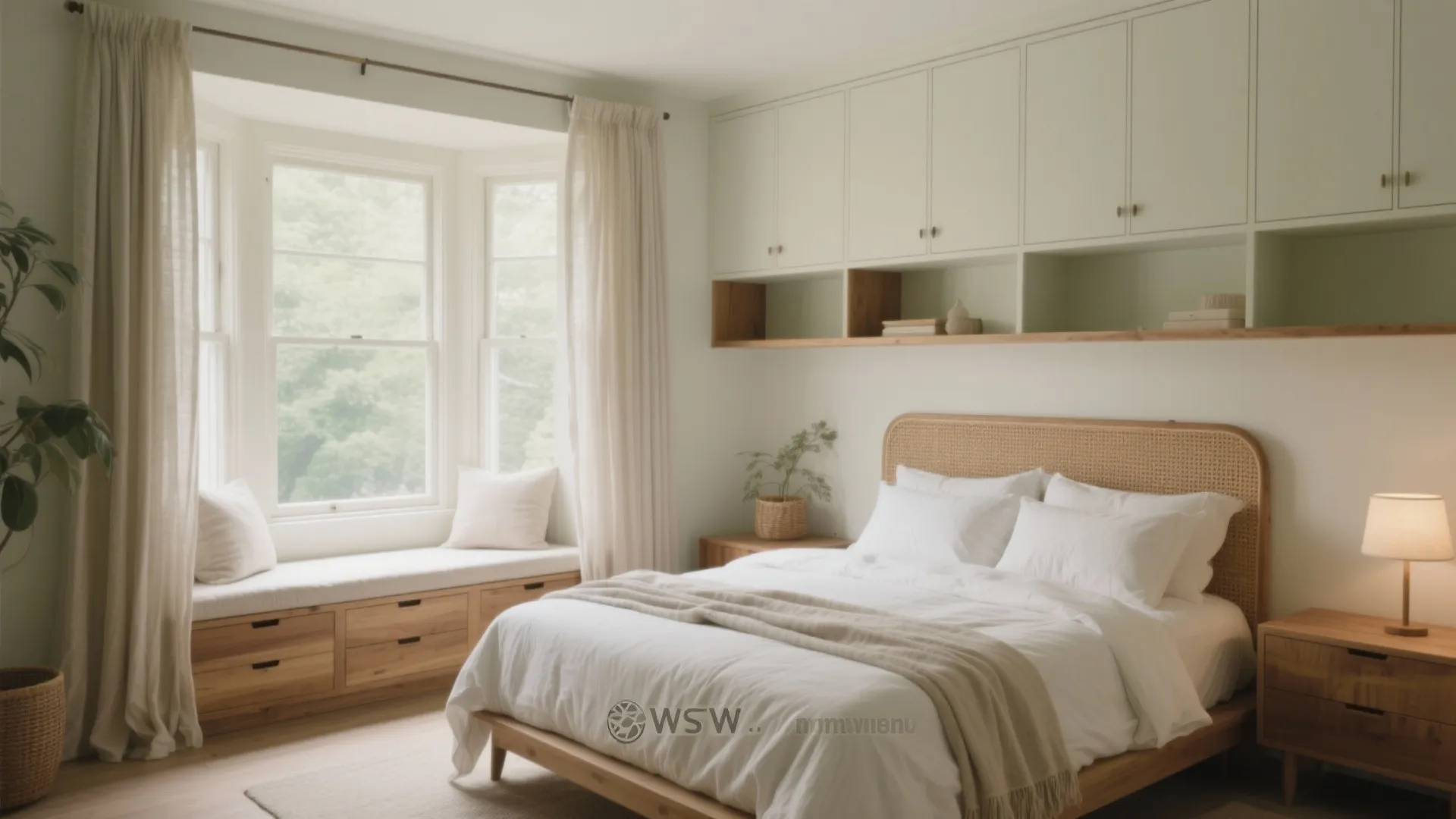Bedroom smartness: a bay seat, built-ins, and soothing materials