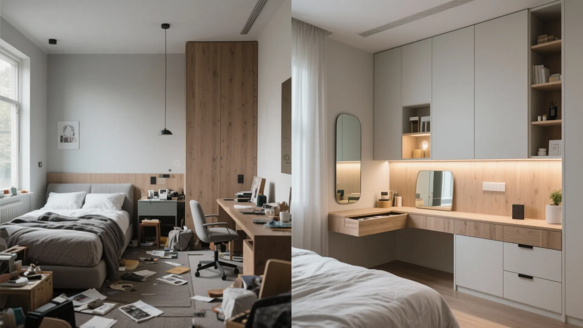 Bedroom storage walls with concealed desks