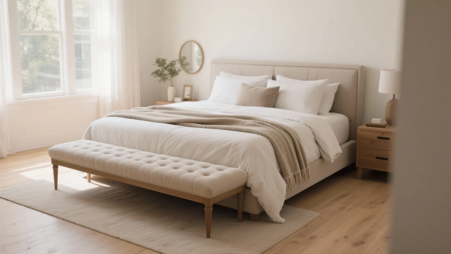 Modern beige bedroom featuring a tufted bench at the foot of bed with wooden nightstand