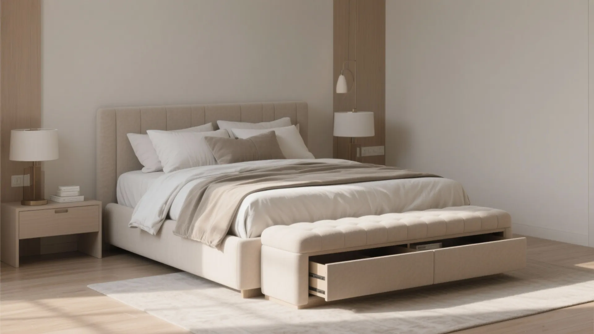 Beige upholstered bed with a matching storage bench at the foot featuring an open drawer