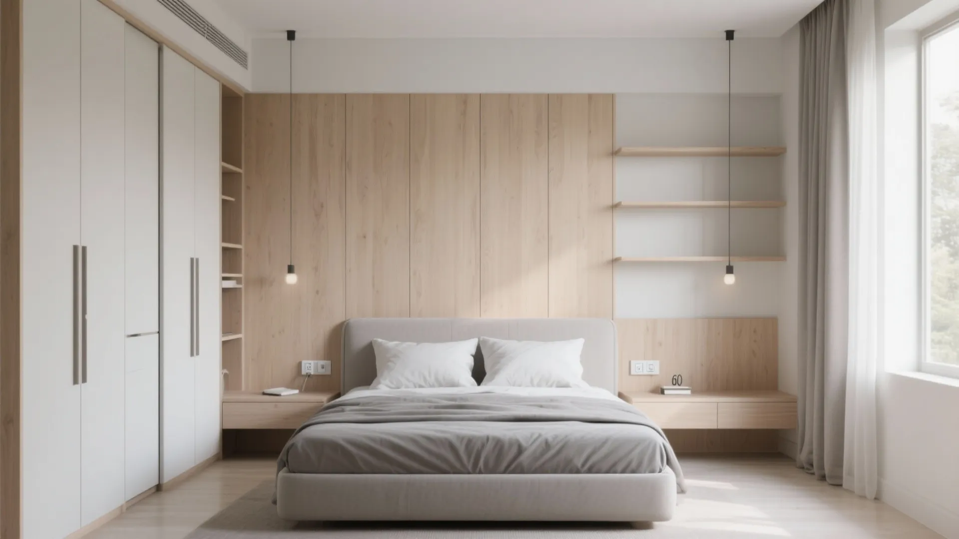 Modern minimalist bedroom with grey bed wood wall panel white closet and simple hanging lights