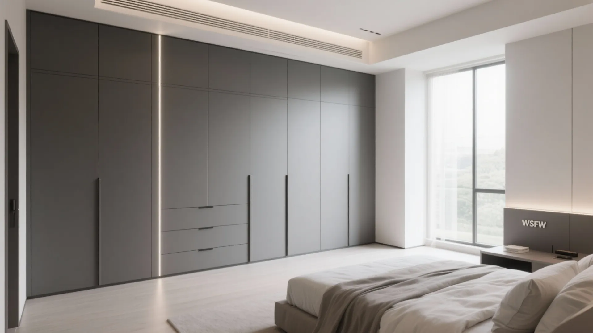 Large bedroom with full-wall built-in wardrobes