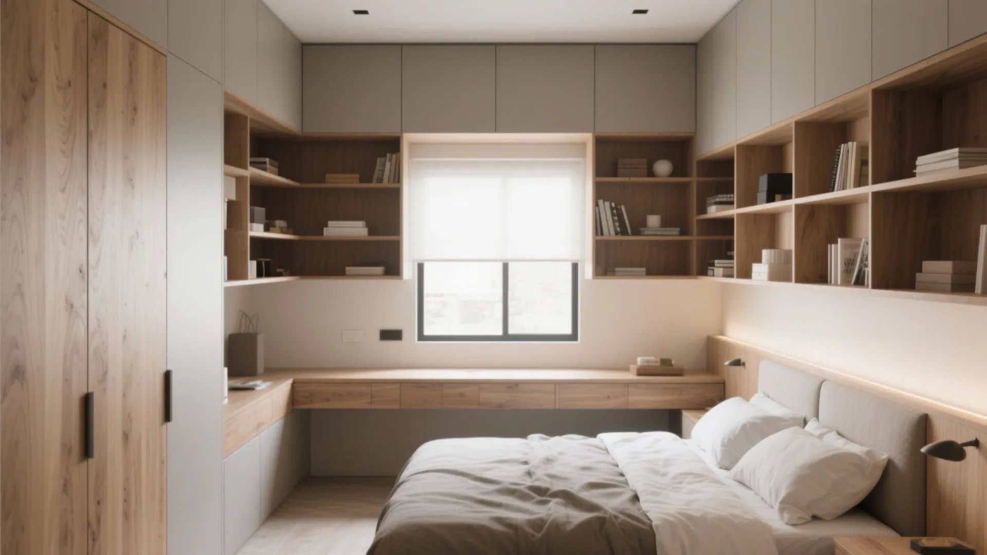 Custom-built shelves and cabinets around the bed in a small bedroom
