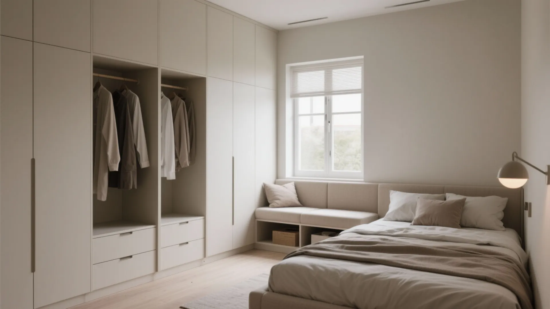 Minimalist bedroom featuring cream wall cabinets open clothes storage window seat and cozy bed setup