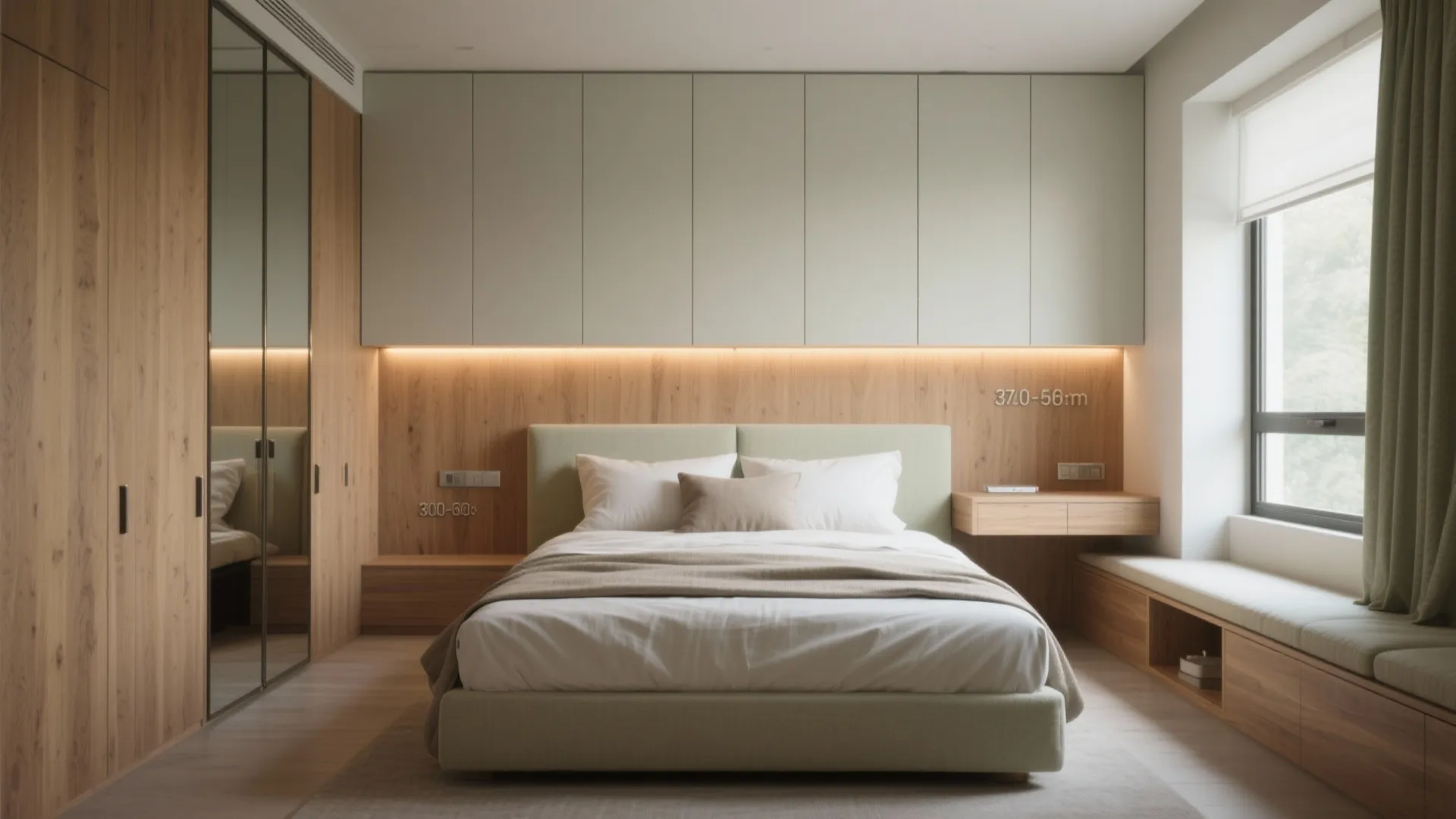 Bedroom built-ins with a headboard niche and window seating