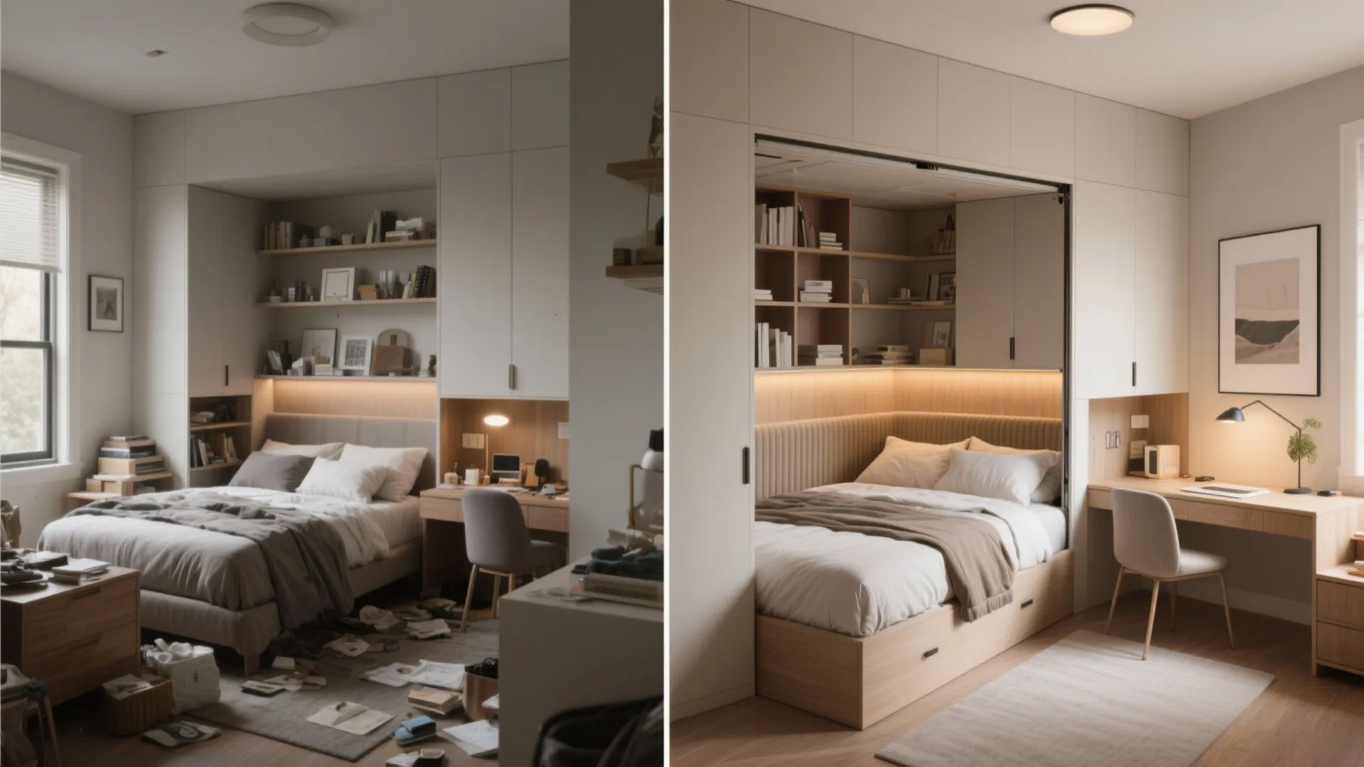 Before and after view of a small bedroom transformed with a Murphy bed and built-in shelving for dual office and guest use.