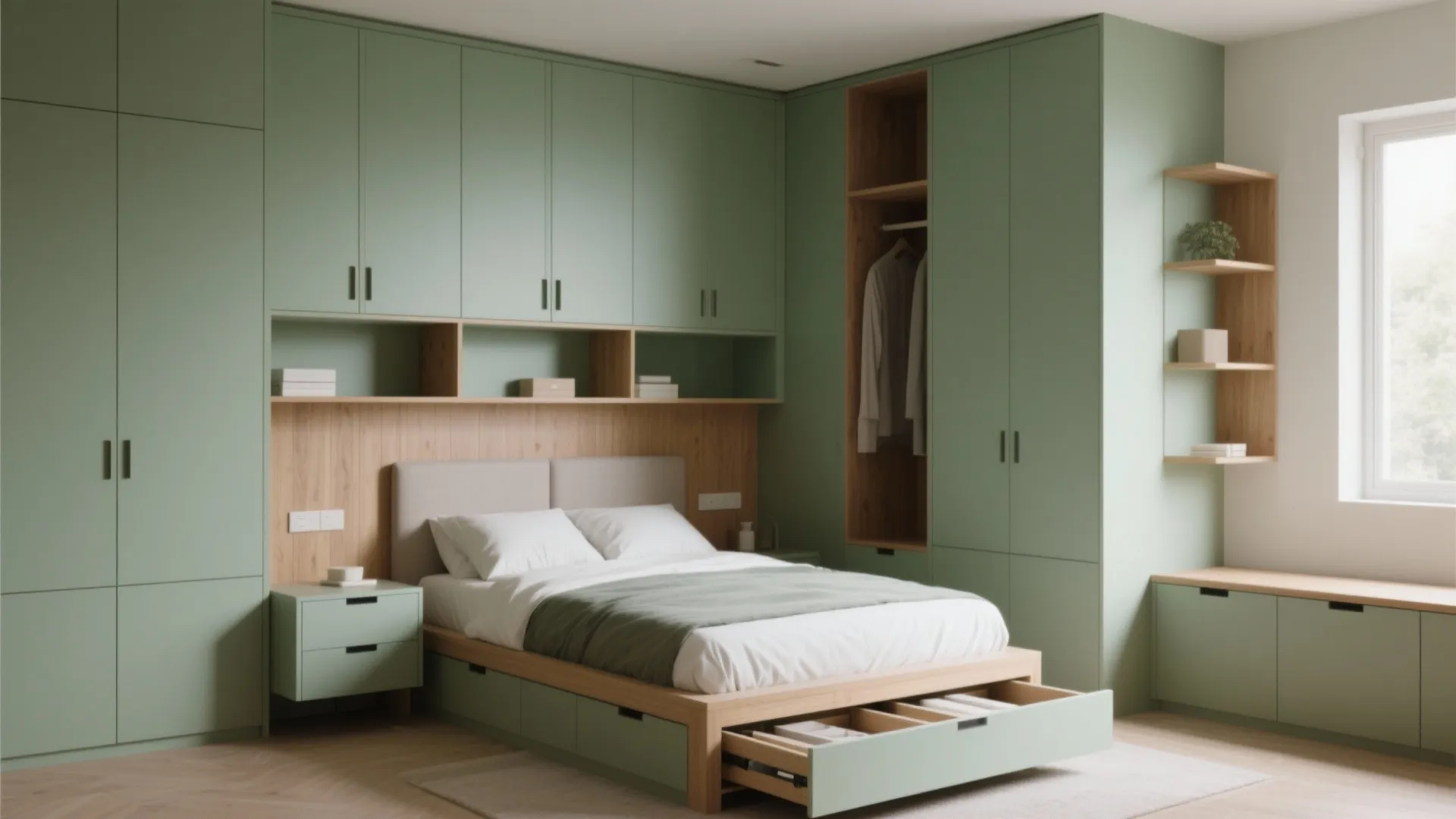 Modern green bedroom storage wall with built in cabinets open shelves and a storage bed