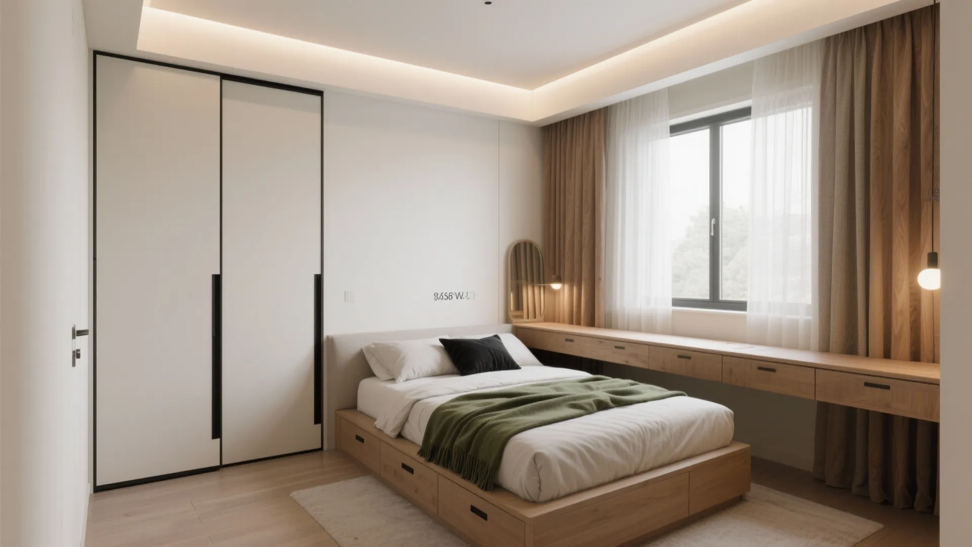 Bedroom Calm: Platform Bed, Sliding Wardrobe, and Soft Light