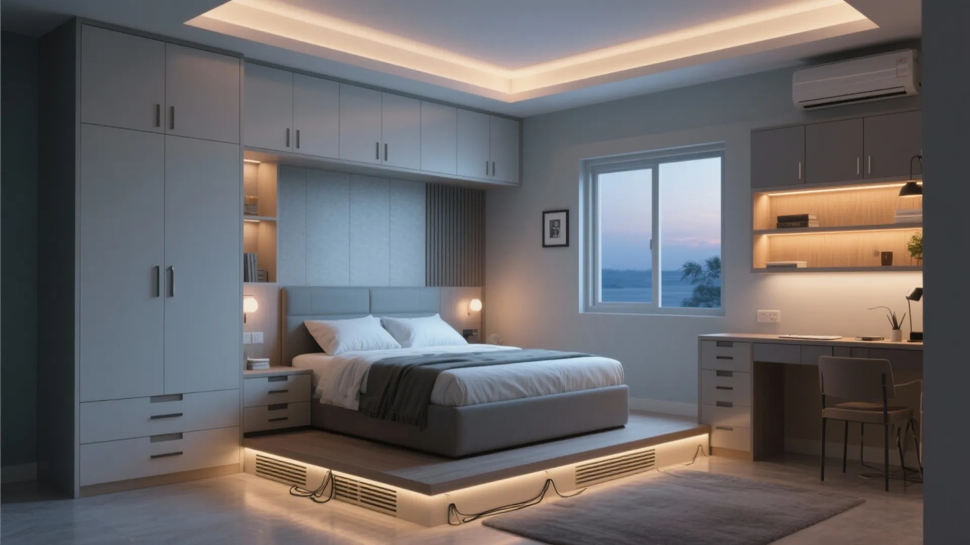 Storage-forward bedroom with built-ins and a wall desk