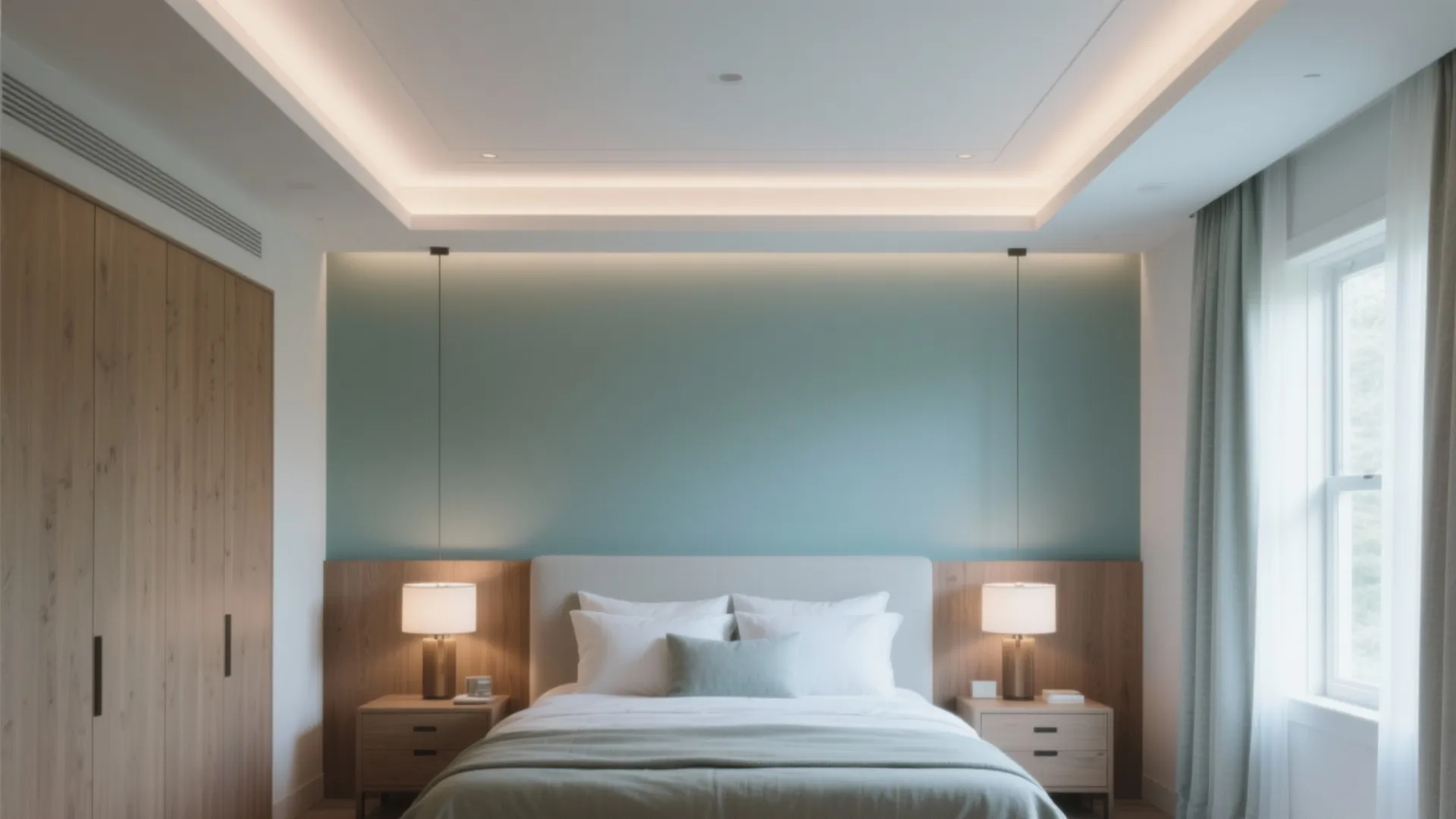 Modern bedroom with light blue accent wall white bed wooden wardrobe and soft warm lights