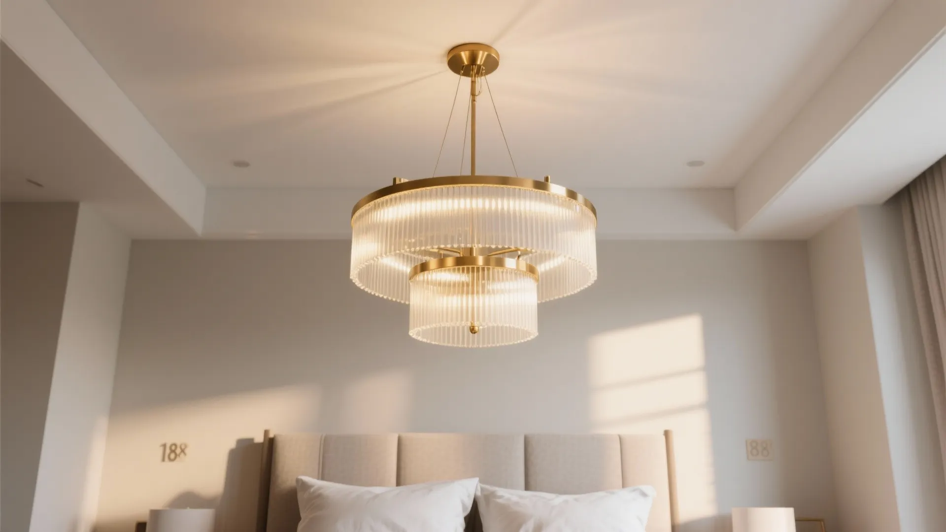 Elegant chandelier in a large bedroom with warm glow