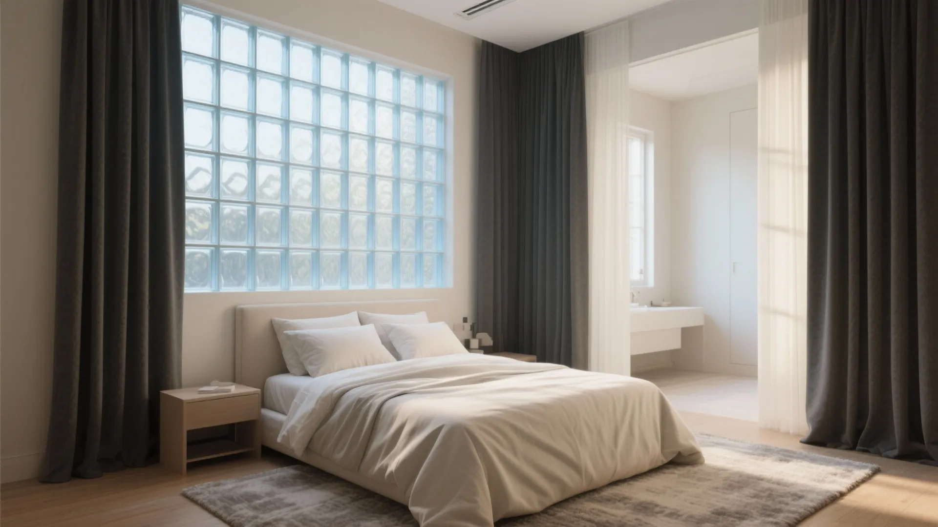 Modern bedroom featuring a glass block window wall dark grey curtains and a beige bed