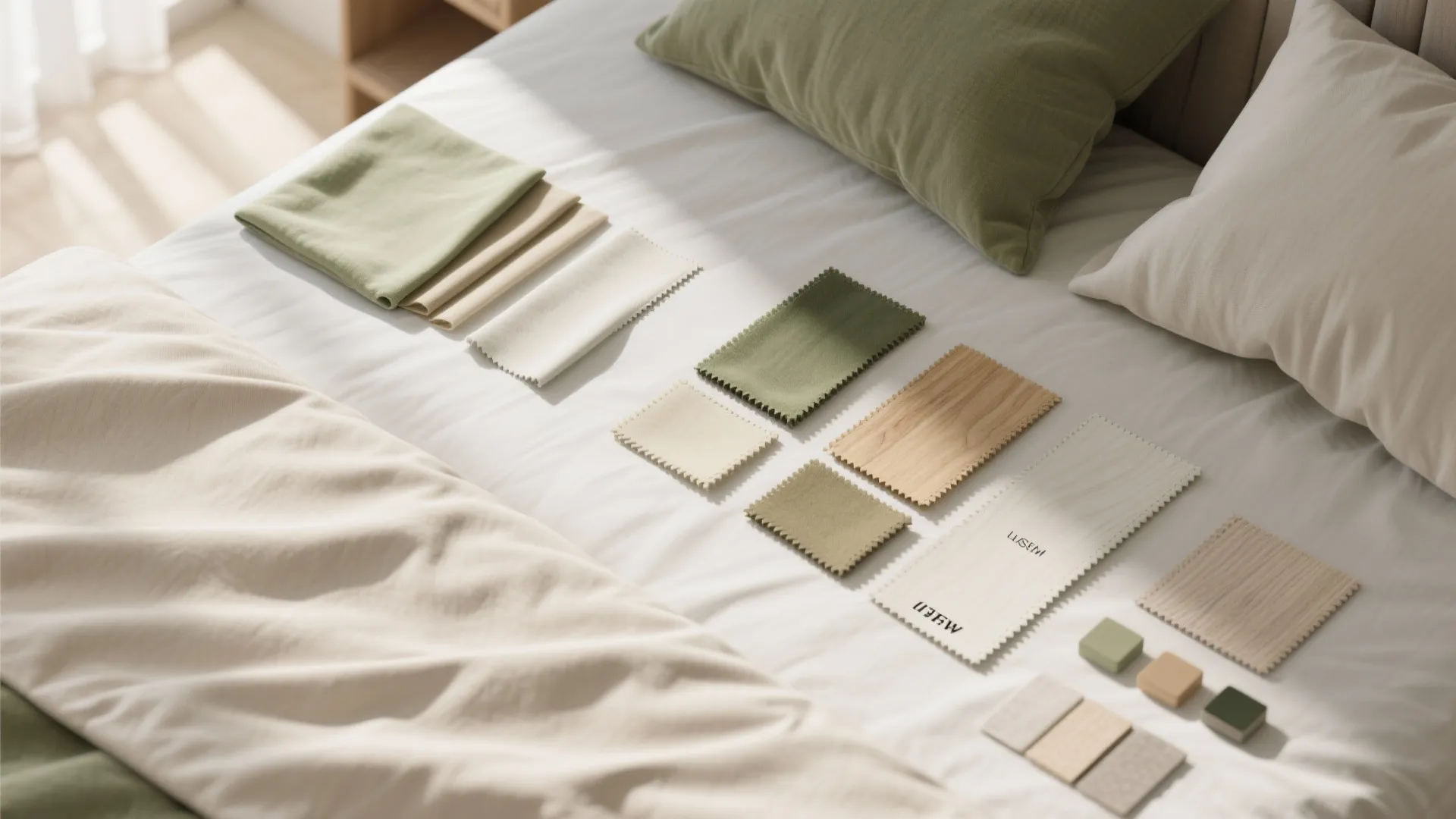 Green and beige fabric material samples and wood texture swatches placed on white bed sheets background