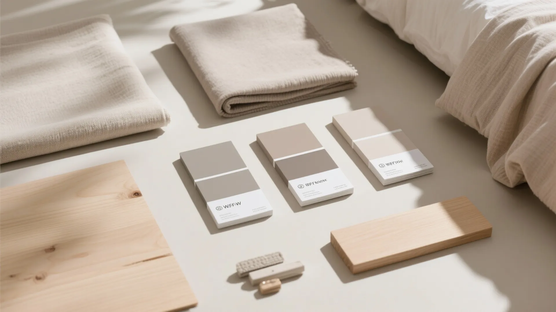 Flat lay of warm neutral bedroom color swatches