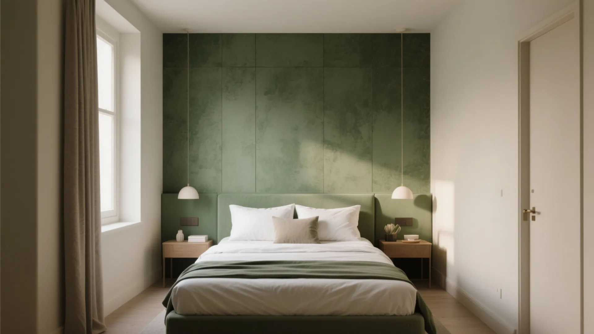 Minimalist bedroom featuring green wall panel, white bedding, two wooden nightstands, and hanging ceiling lights