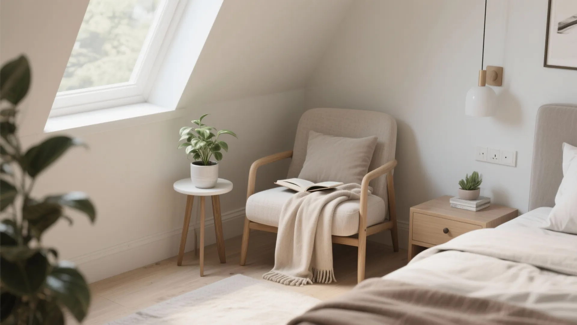 Cozy bedroom reading corner with beige armchair wooden side table green plant and large roof window