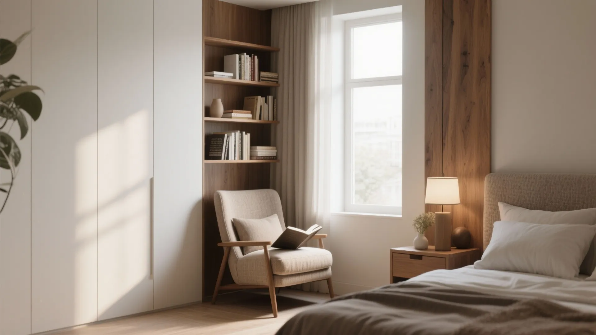 Cozy bedroom reading corner with a beige chair open book wooden bookshelf and natural light