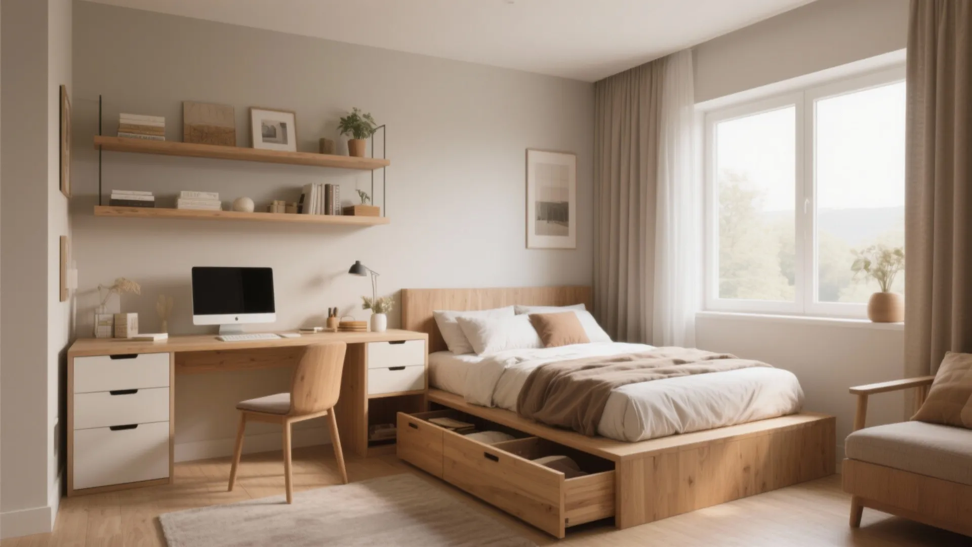 Modern bedroom with wooden bed featuring storage drawers and integrated desk with chair and computer