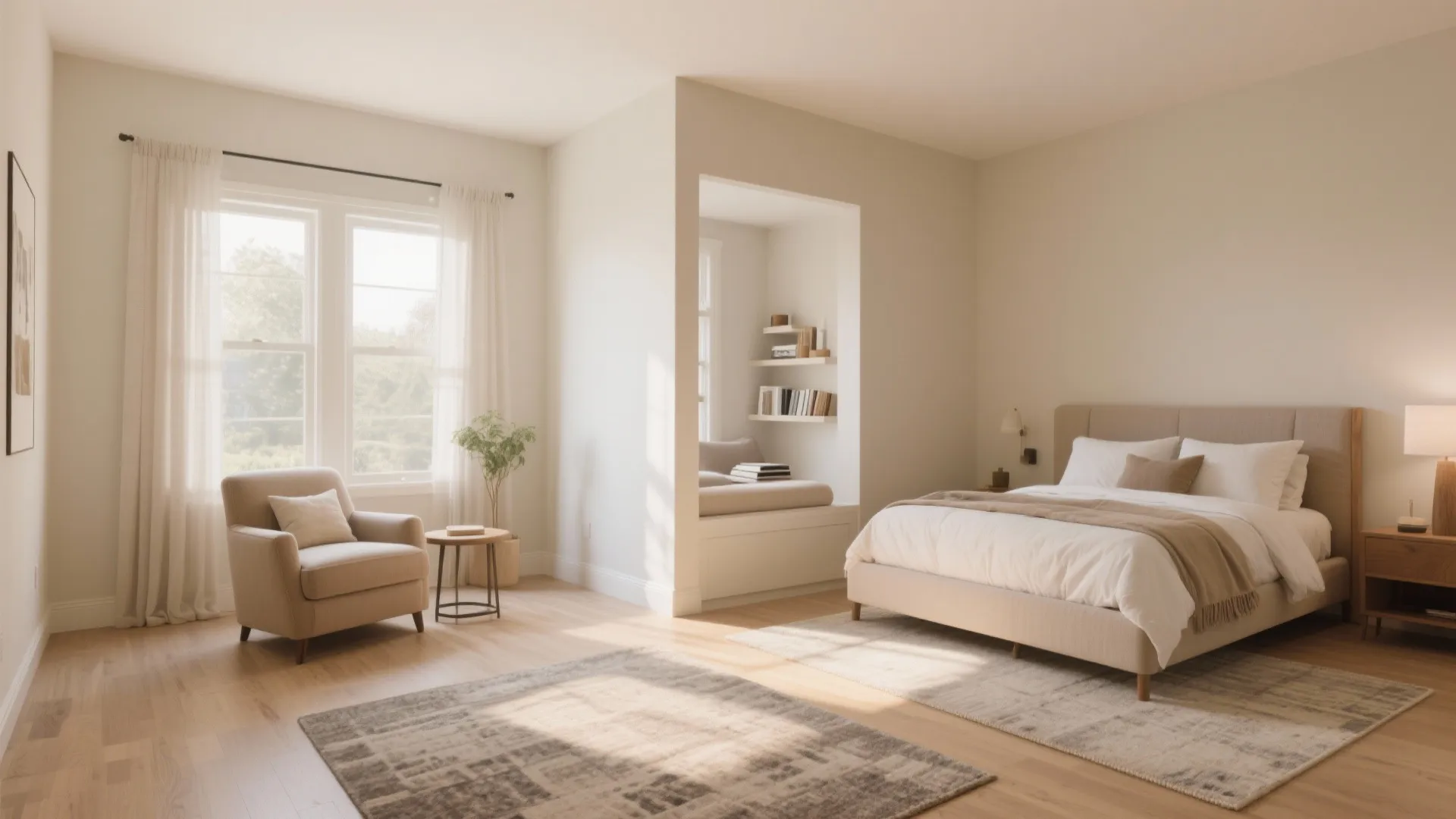 Spacious bedroom layout featuring beige bed, lounge chair, reading nook, and large windows with curtains
