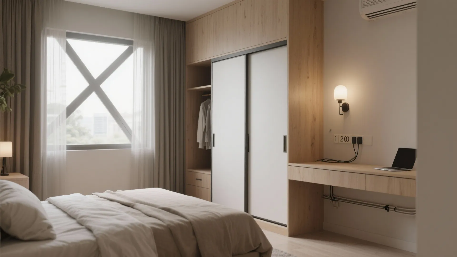 Bedroom that works double shifts: wardrobe, desk, and airflow