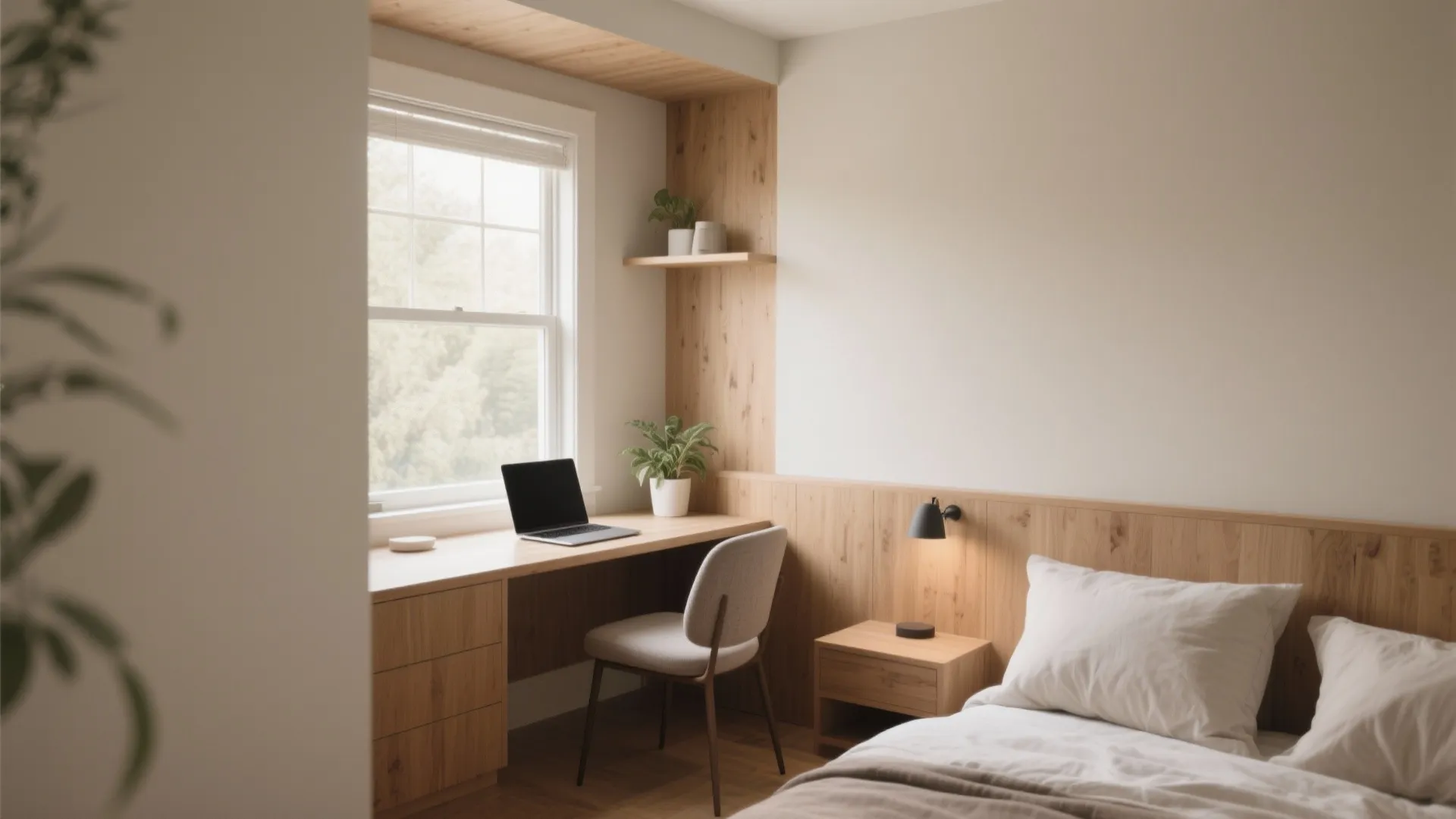 Modern bedroom with wooden desk by window featuring laptop grey chair small plant and bed