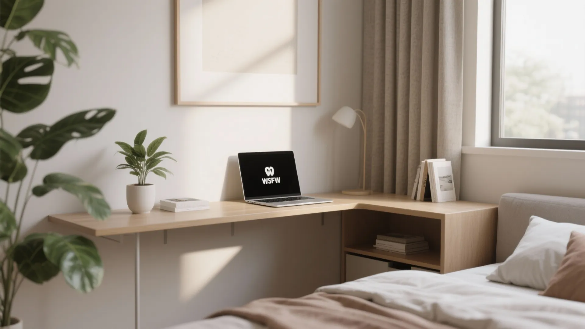 L-shaped wooden desk in a bedroom with a laptop, green plant, lamp, and comfortable bed