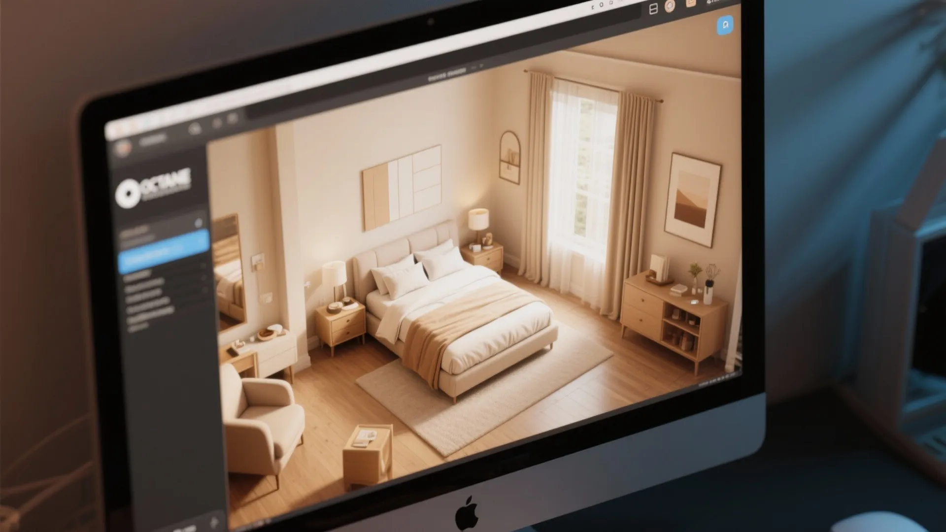 Computer screen showing 3D bedroom interior design with beige bed wooden floor and warm light