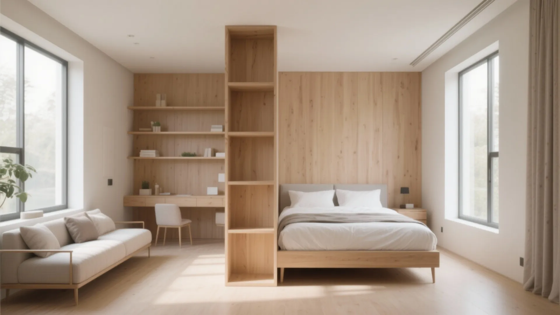 Open shelving divider in large bedroom