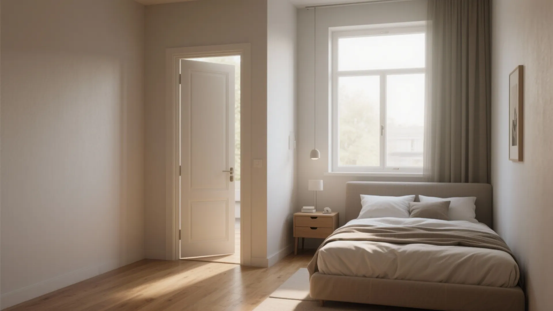 Modern minimal bedroom with a beige bed wooden floor open white door and bright window