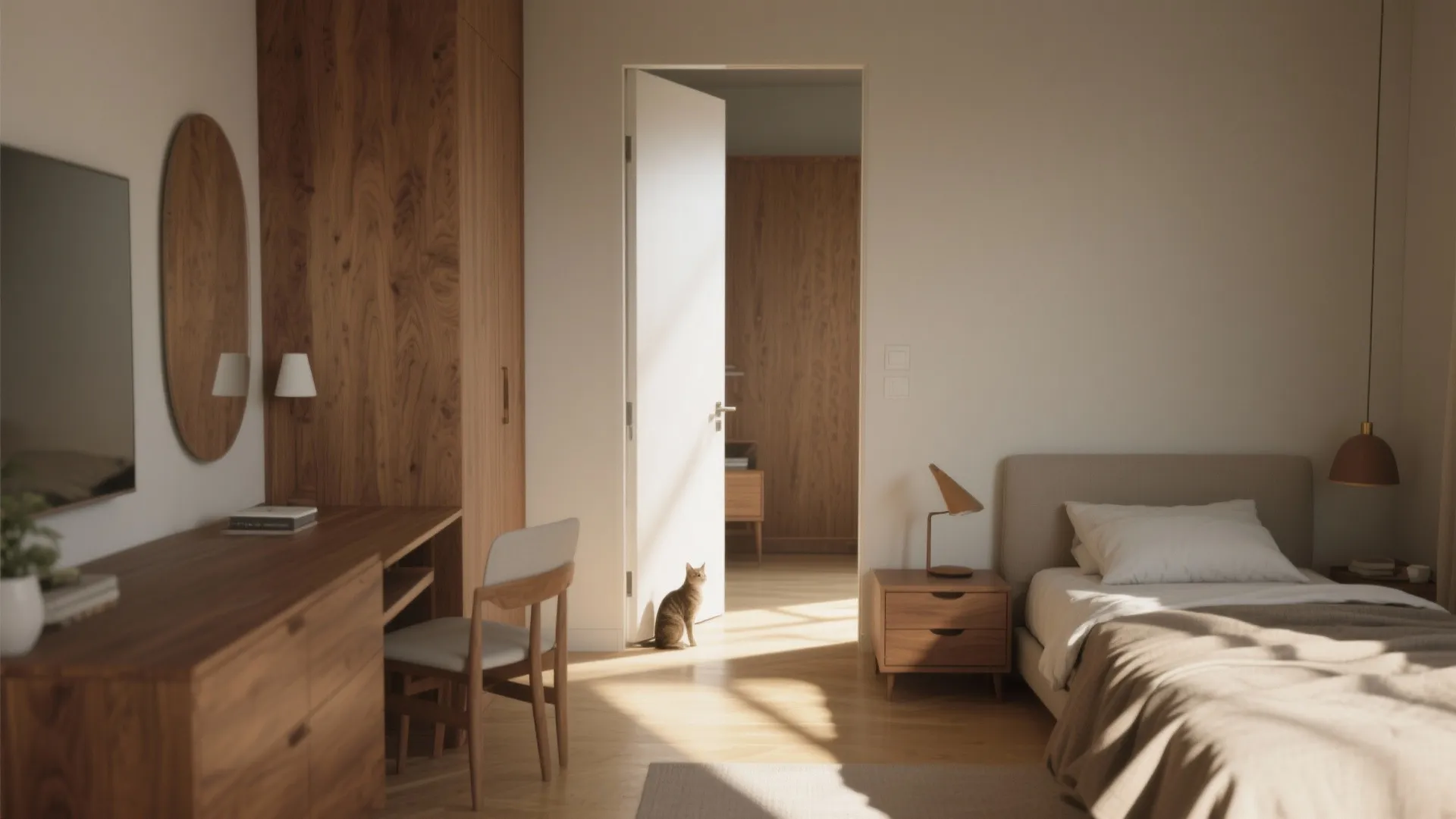 Minimalist bedroom design with open white door wood furniture cat on floor and warm natural light