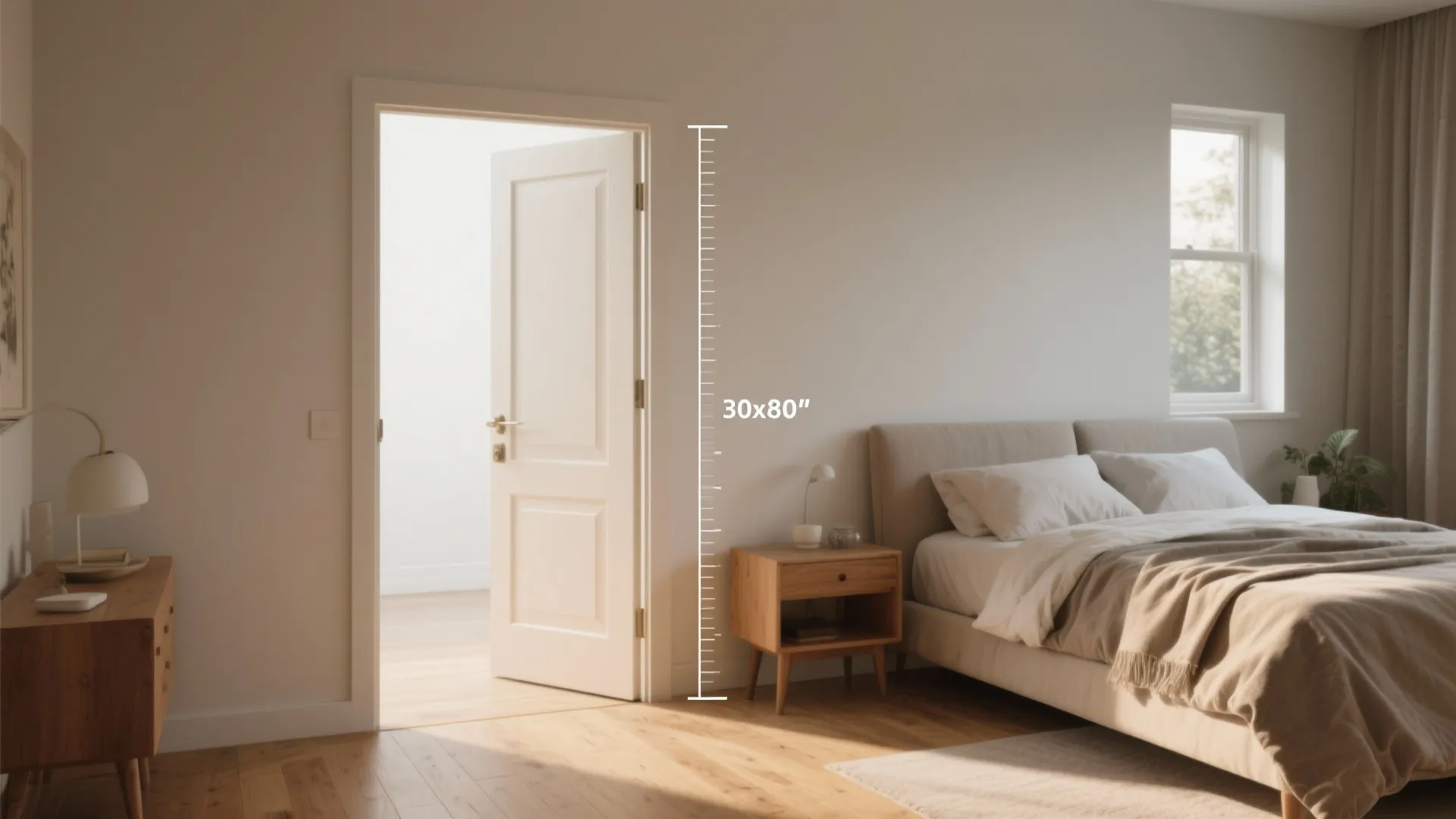 Bright modern bedroom featuring an open white door with height measurements and a wooden floor