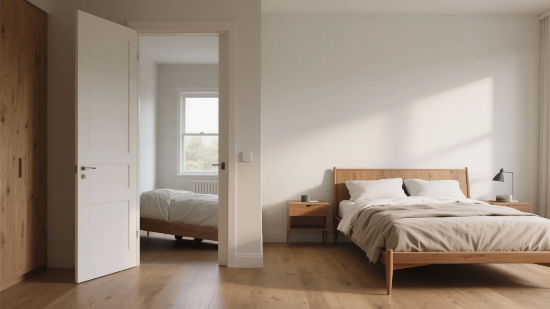 Minimalist bedroom with wooden bed, white door open to another room, and light wood flooring