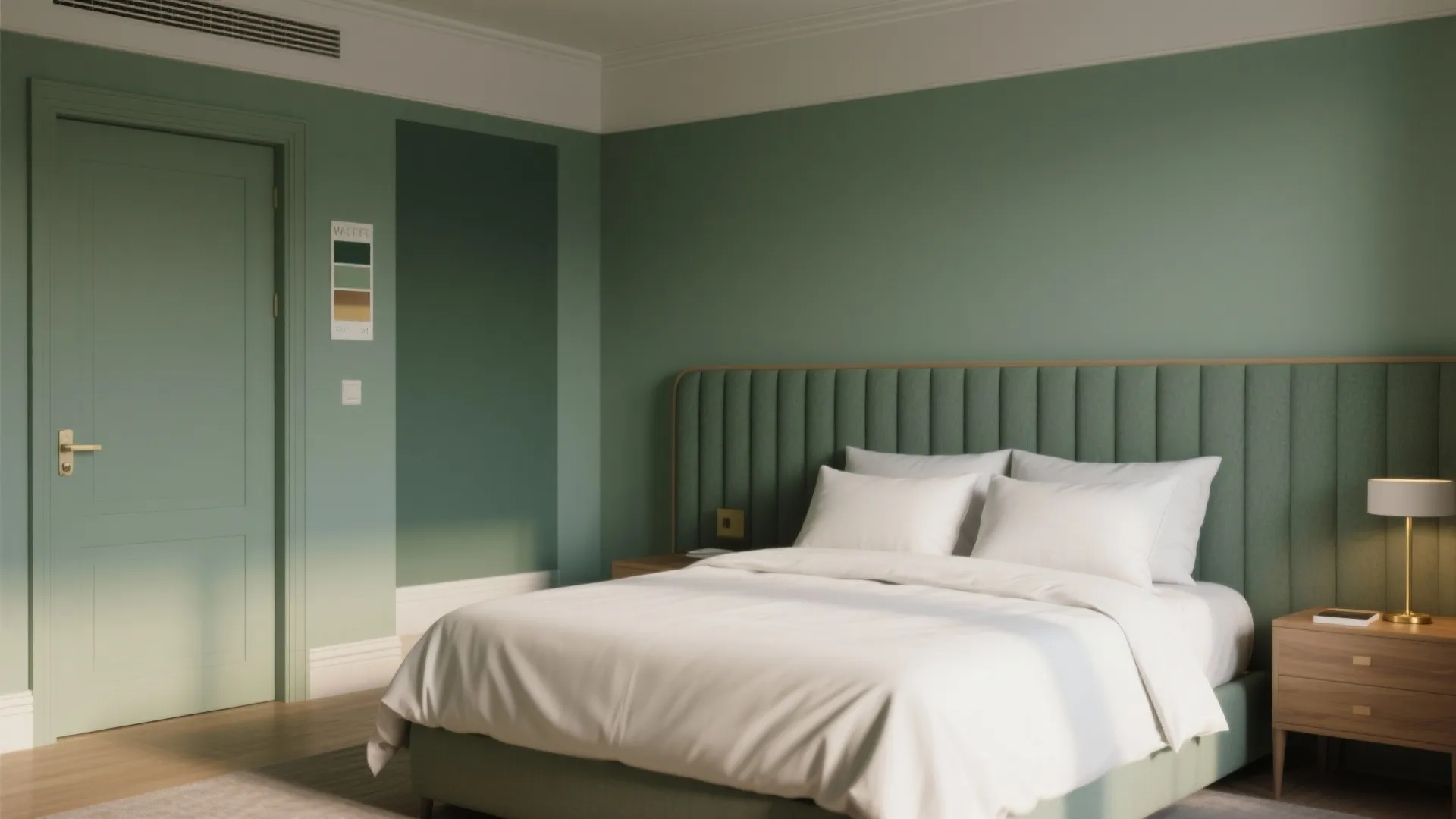 Modern green bedroom with white bedding green headboard wooden bedside table and small gold table lamp