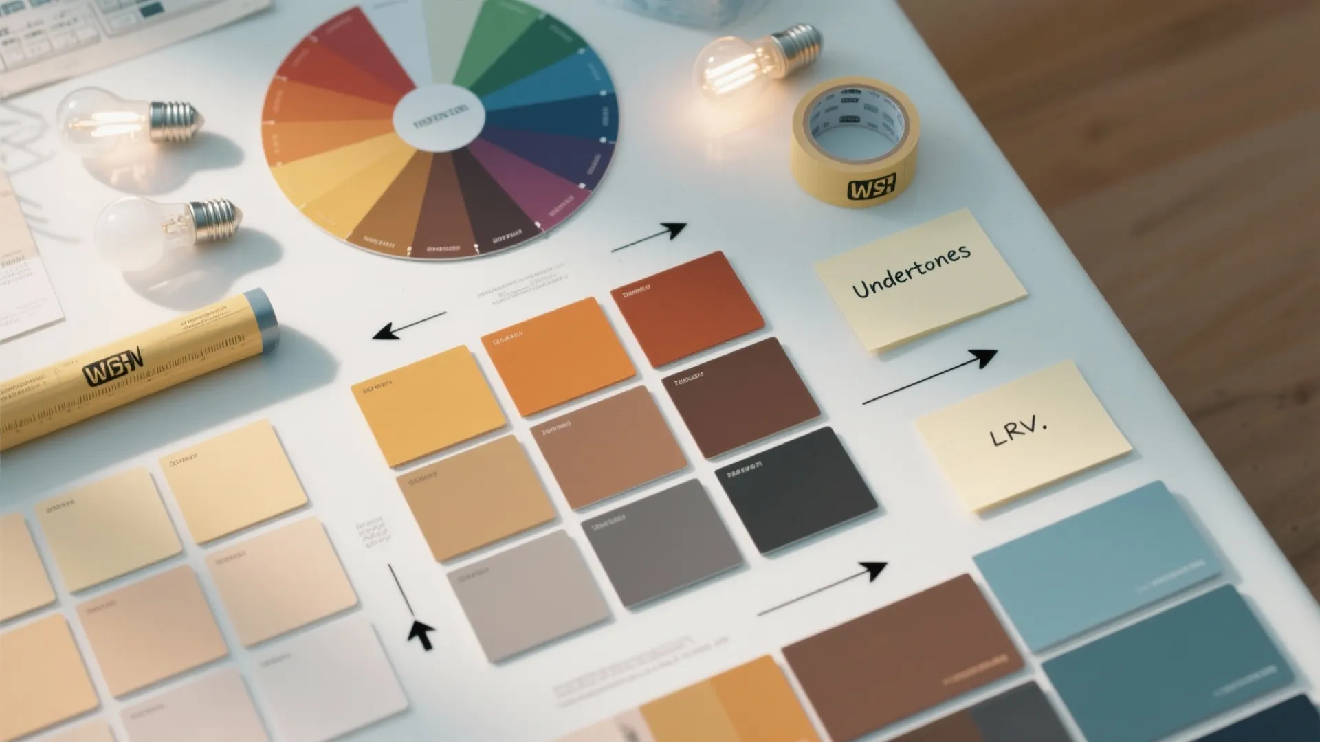 Interior design tools with color wheel paint swatches light bulbs and sticky notes for planning