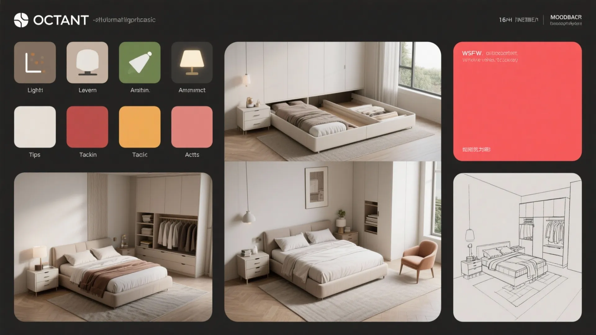 Modern bedroom design interface showing furniture layout options color palettes and a detailed interior drawing